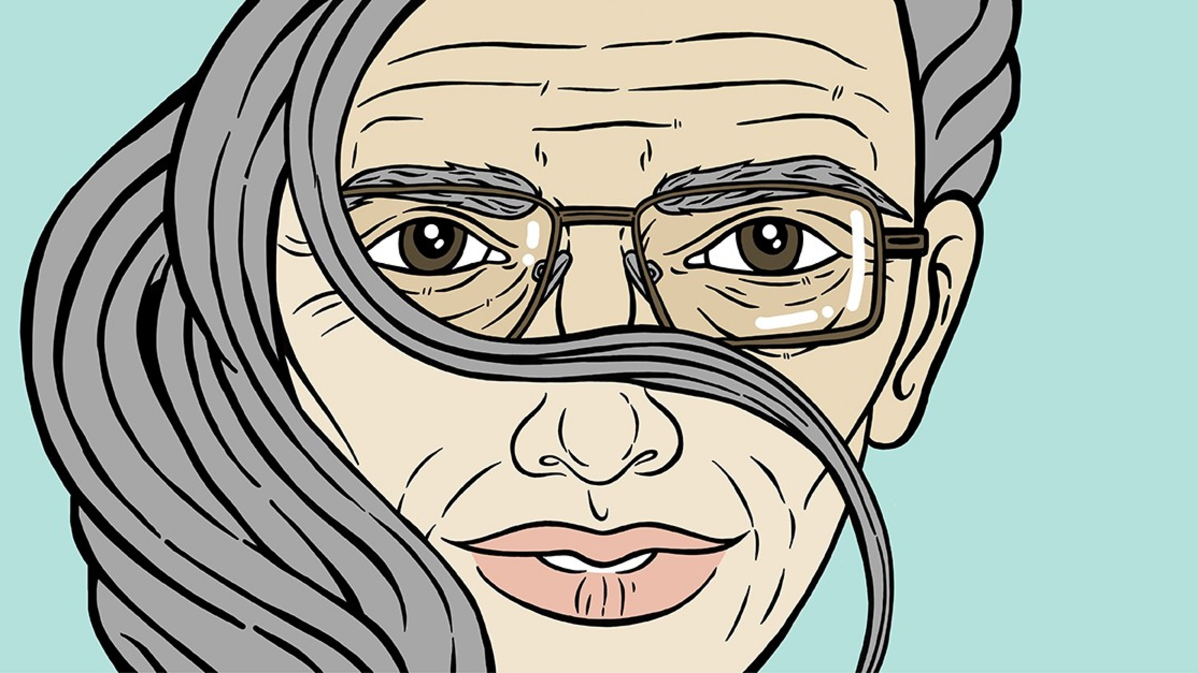 Illustrazione di metà viso di uomo anziano con occhiali, occhi marroni, e metà di donna anziana con labbra curvate all’insù, entrambi con capelli grigi