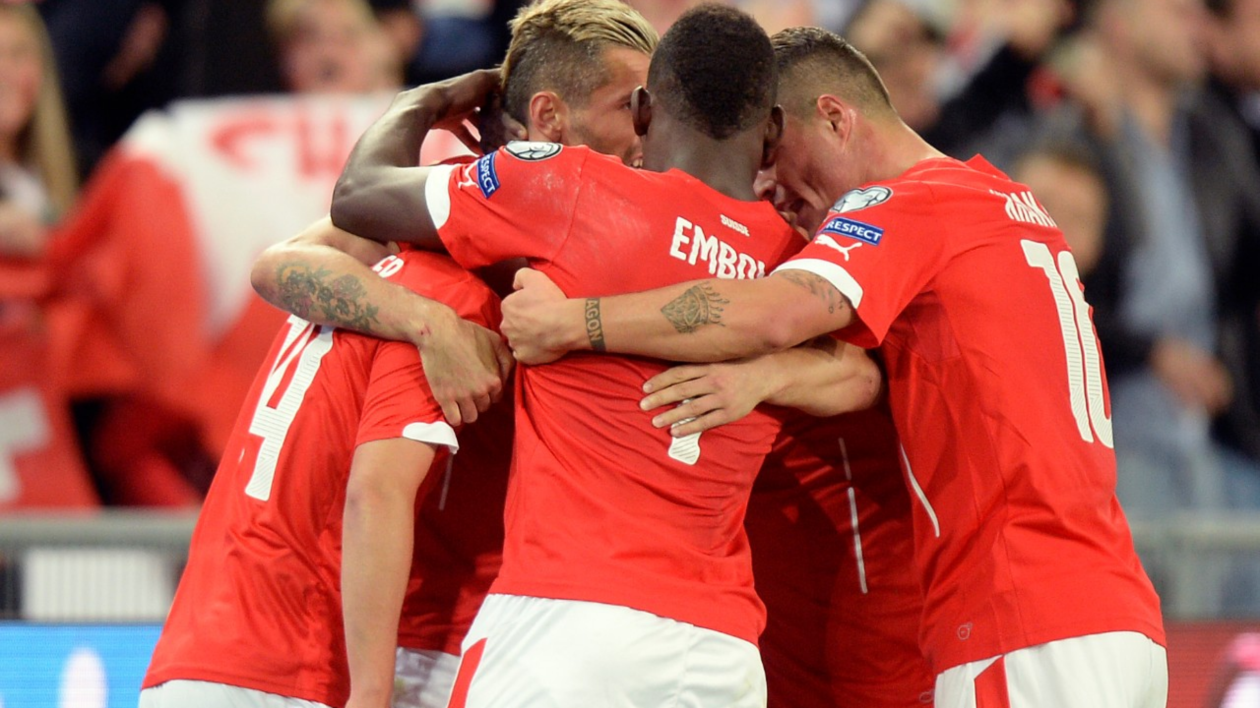 Swiss players celebrates after the first goal for Switzerland during the UEFA EURO 2016 qualifying soccer match Switzerland against Slovenia at the St. Jakob-Park stadium in Basel, Switzerland, Saturday, September 5, 2015. (KEYSTONE/Walter Bieri)