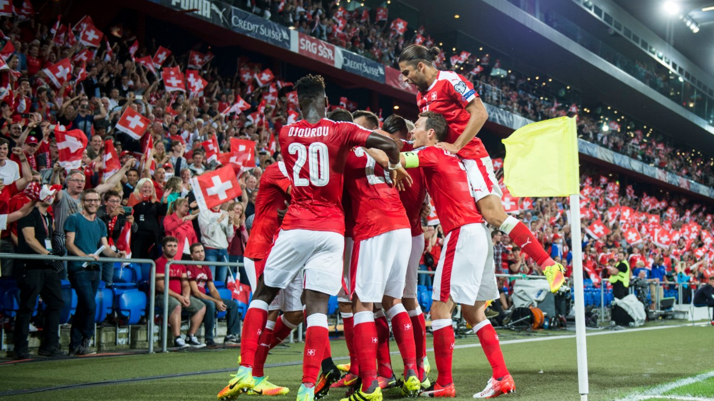 Swiss player celebrate Embolo's goal during the 2018 Fifa World Cup Russia group B qualification soccer match between Switzerland and Portugal at the St. Jakob-Park stadium, in Basel, Switzerland, Tuesday, September 6, 2016. (KEYSTONE/Ennio Leanza)