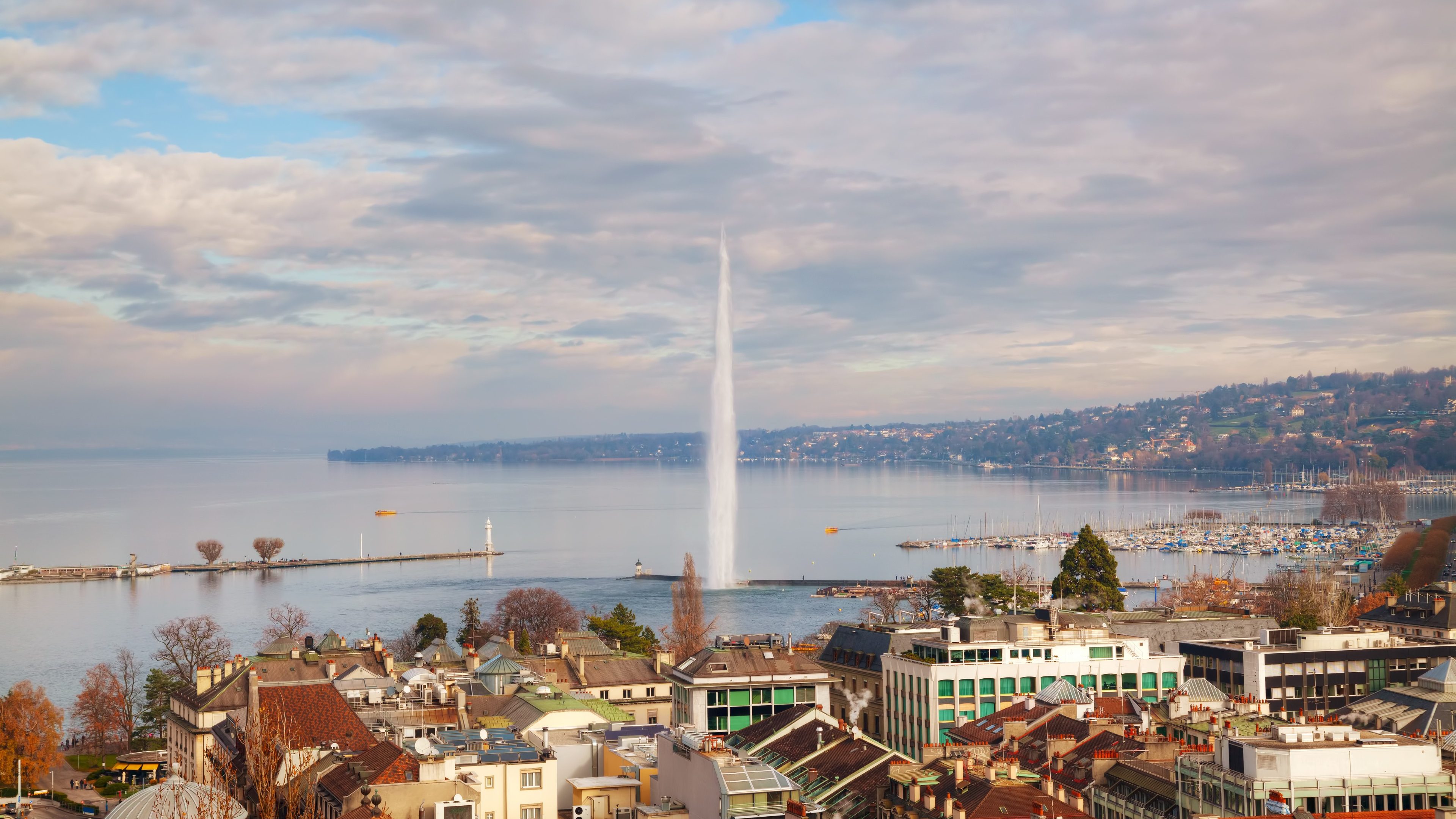 Aerial view of Geneva, Switzerland on a cloudy day