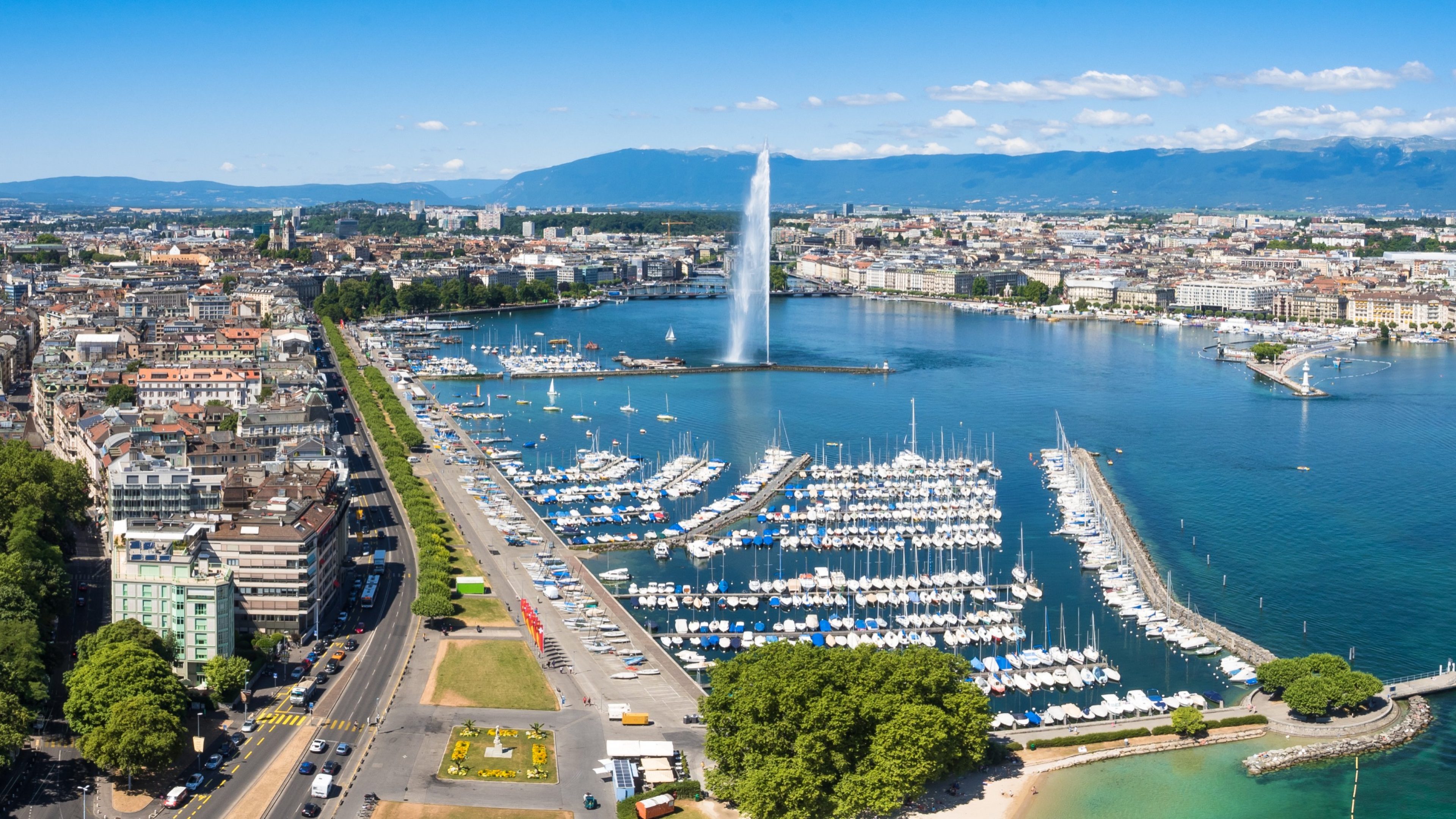 Aerial view of Leman lake -  Geneva city in Switzerland