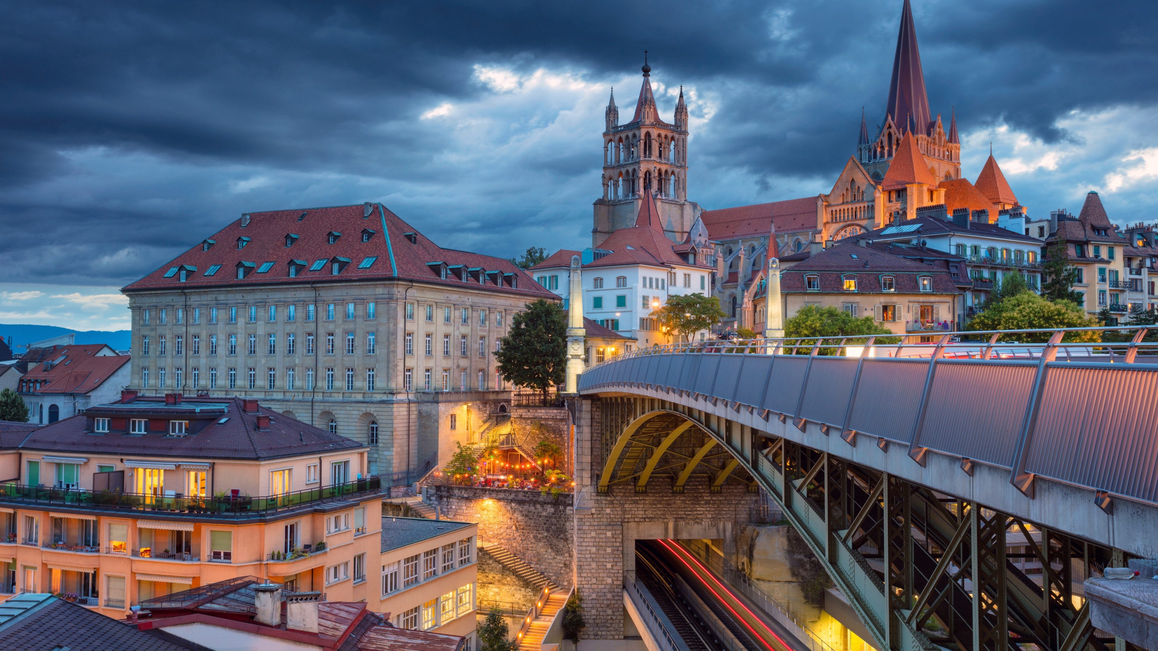 City of Lausanne. Cityscape image of downtown Lausanne, Switzerland during twilight blue hour.