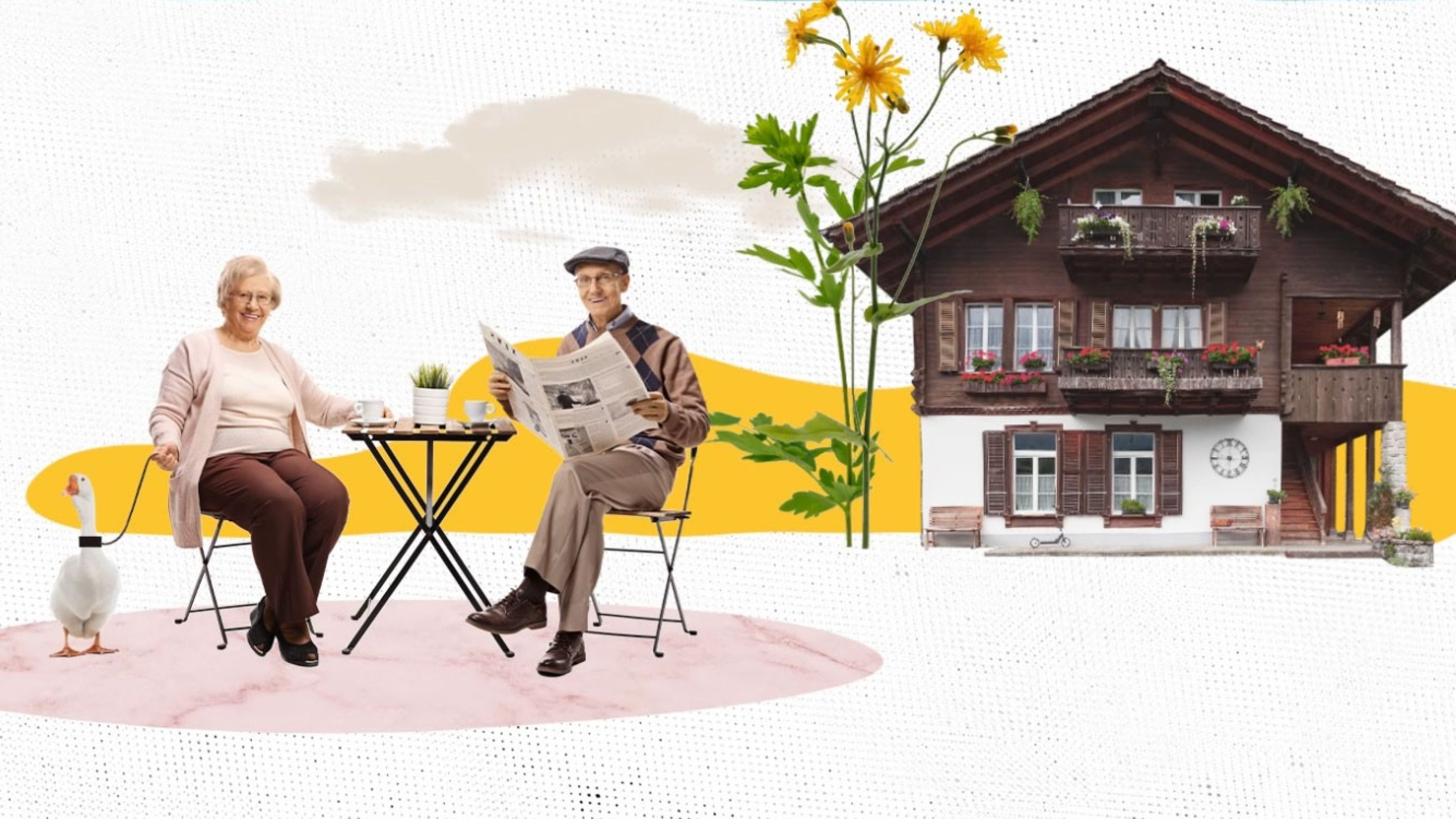 Fotocollage eines Rentnerpaares an einem Tisch mit Haus im Hintergrund