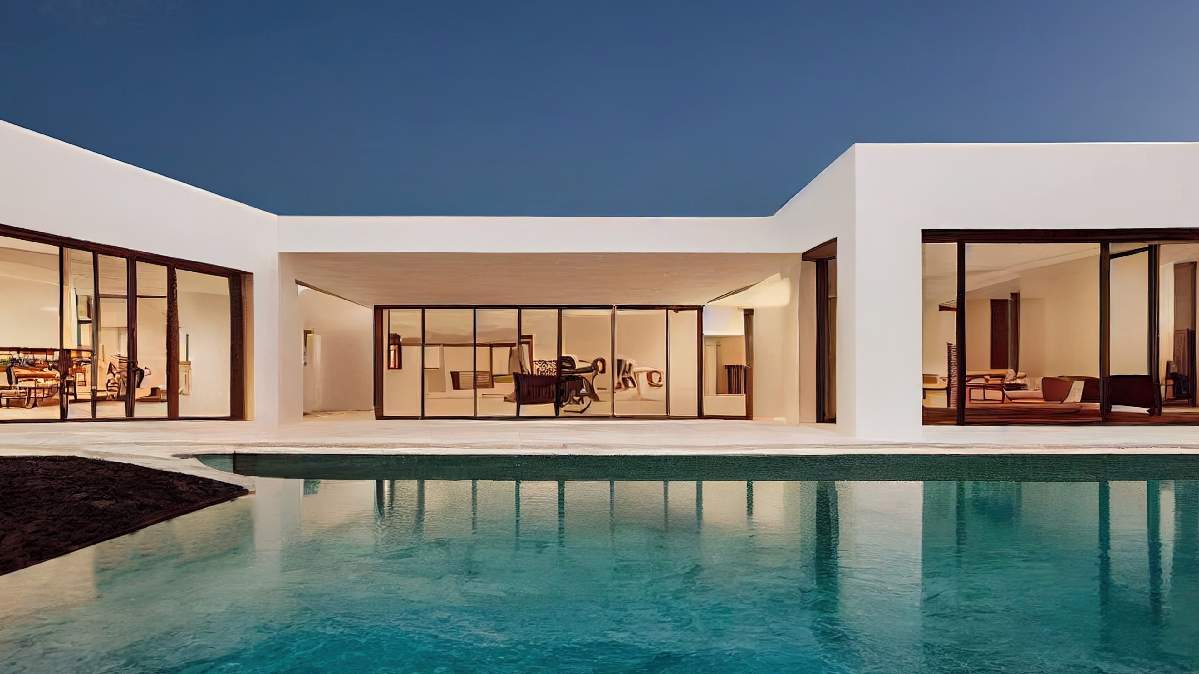 Luxus-Wohnung mit grossem Pool und Sicht ins hoch moderne und schlicht eingerichtete Wohnzimmer. 