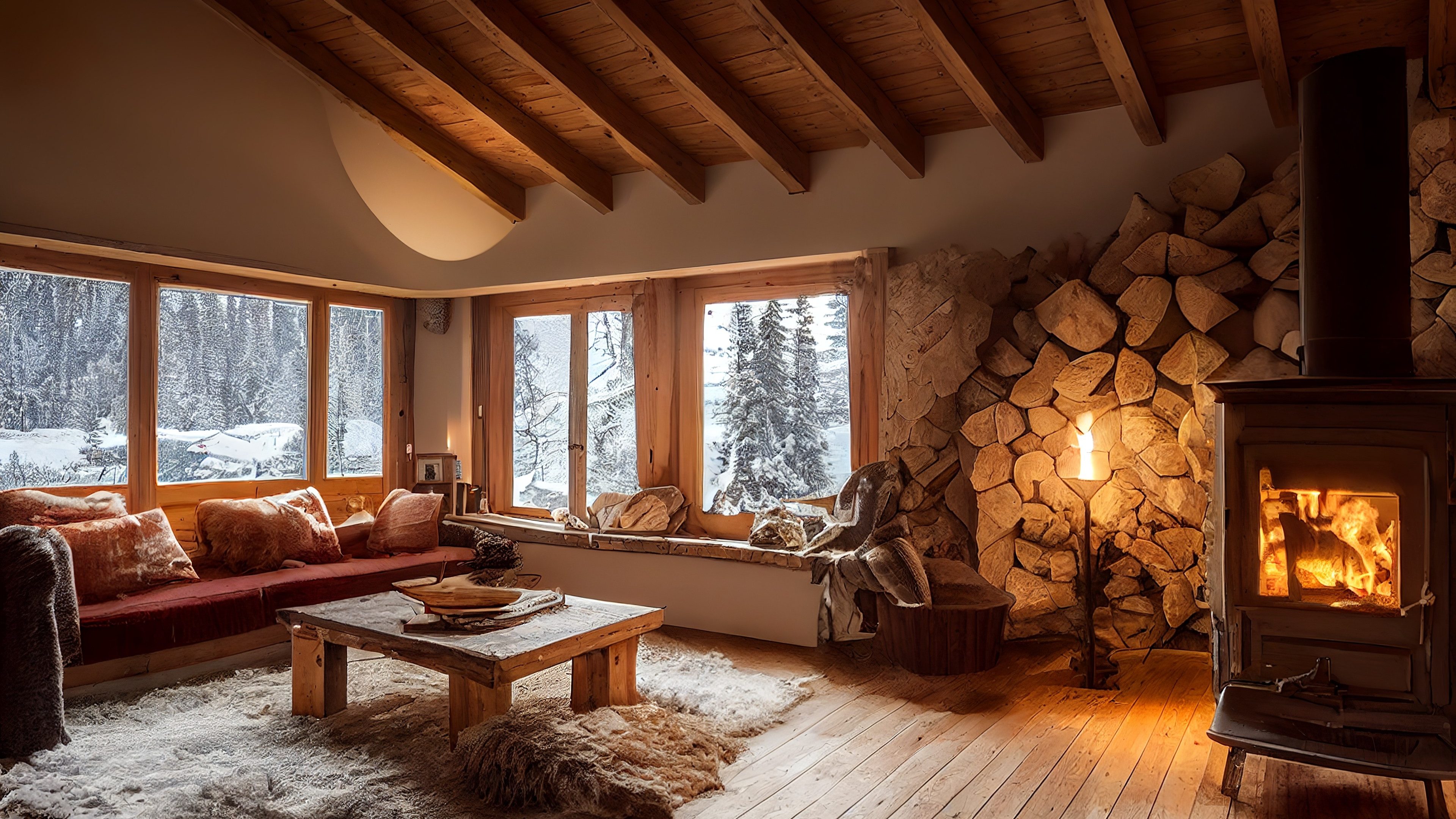 Warm winter chalet house interior with wooden beams and fireplace illustration 