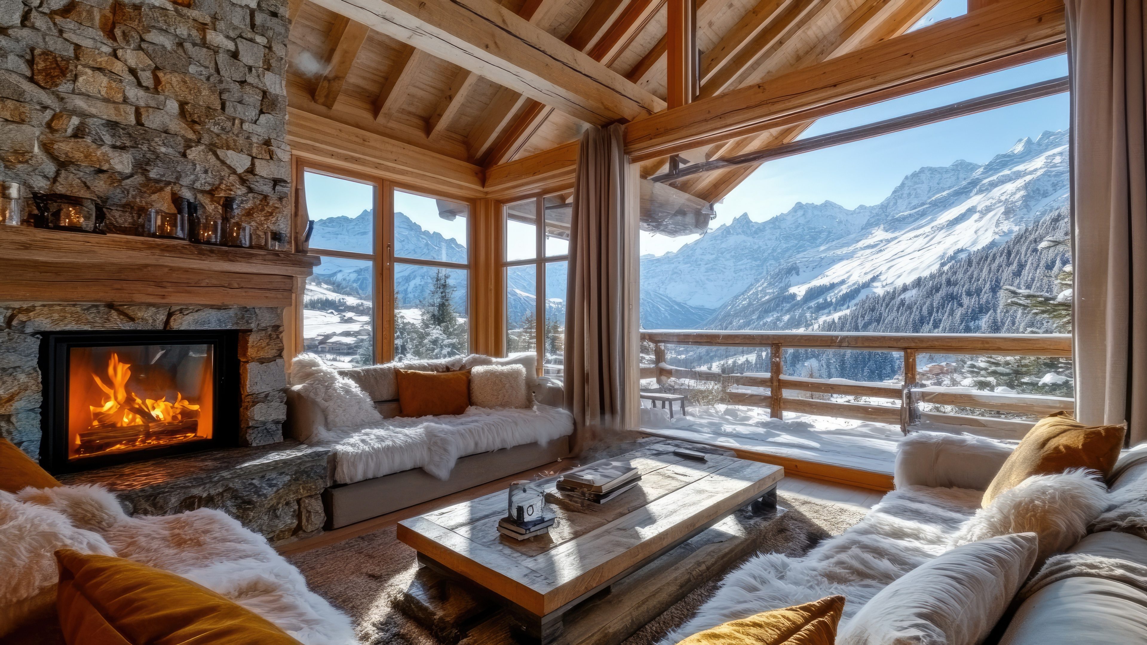 Wohnzimmer mit heller Polstergruppe, Salontisch aus Holz, Kamin mit brennendem Feuer; Blick in die verschneiten Berge