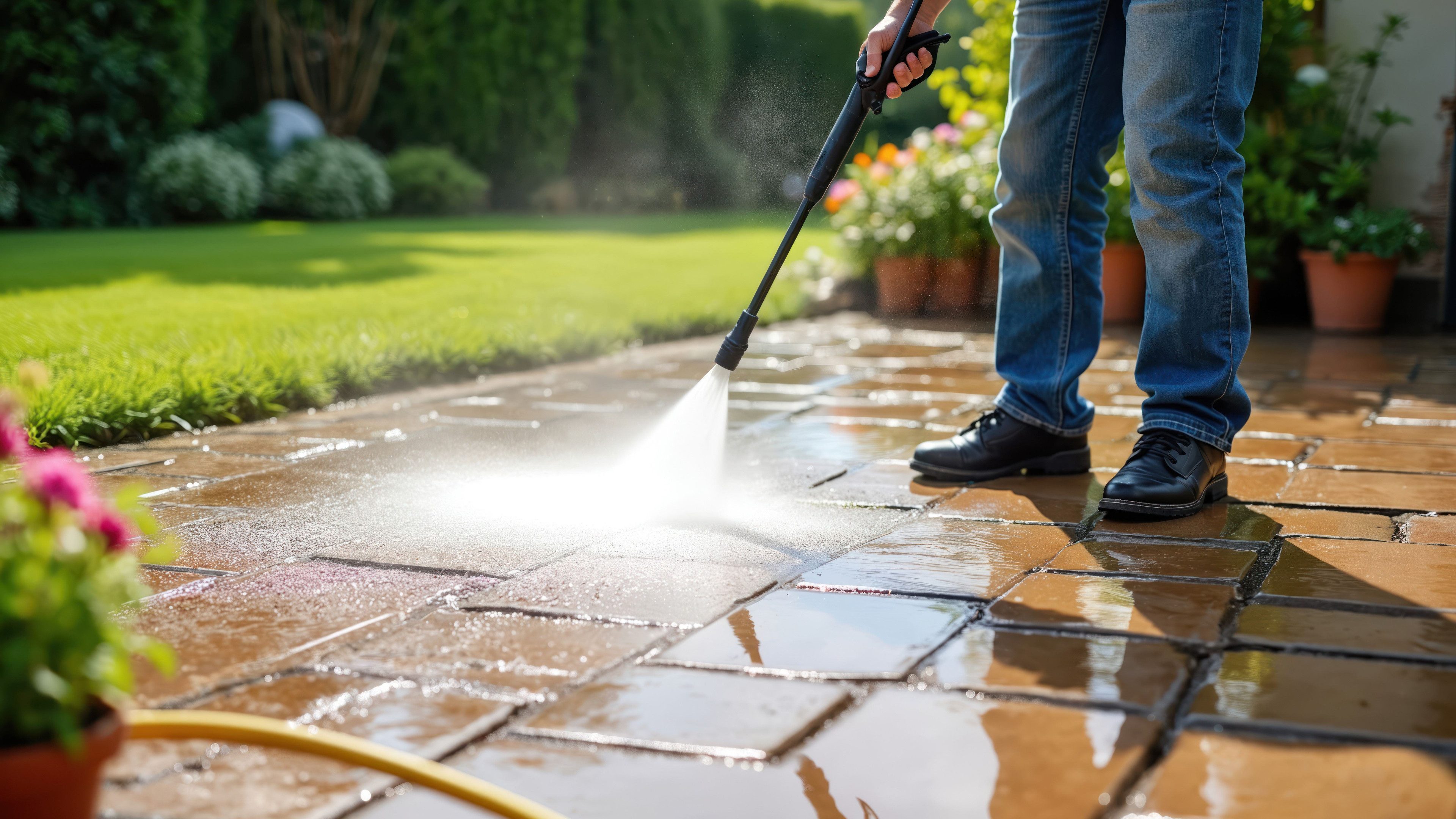 Eine Person reinigt die Gartenplatten mit einem Hochdruckreiniger. Der Sitzplatz ist umgeben von einem gepflegten, grünen Garten.
