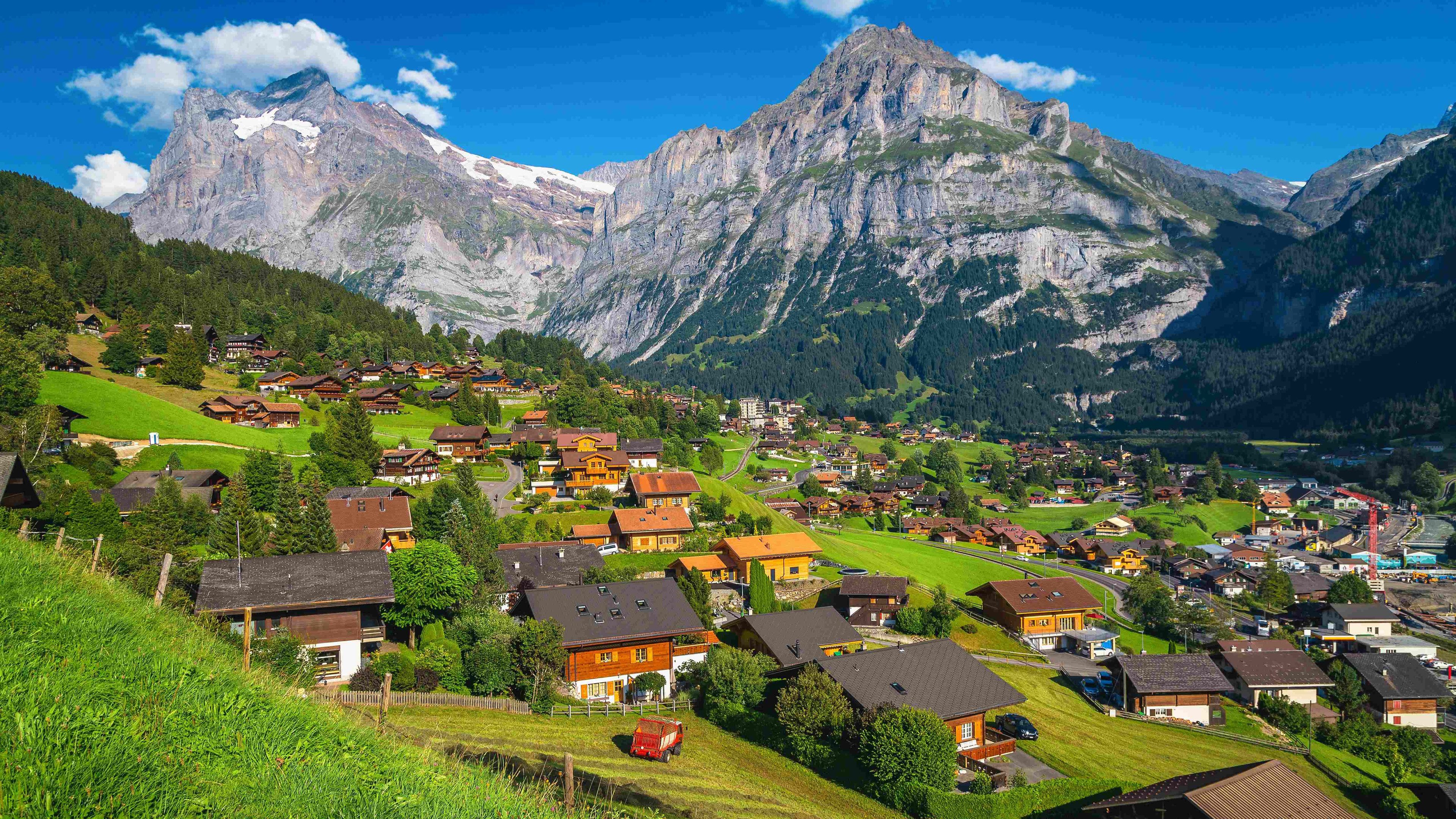 Blick über ein Bergdorf mit verschiedenen Immobilien und grünen Wiesen. Im Hintergrund sieht man hohe Berge.