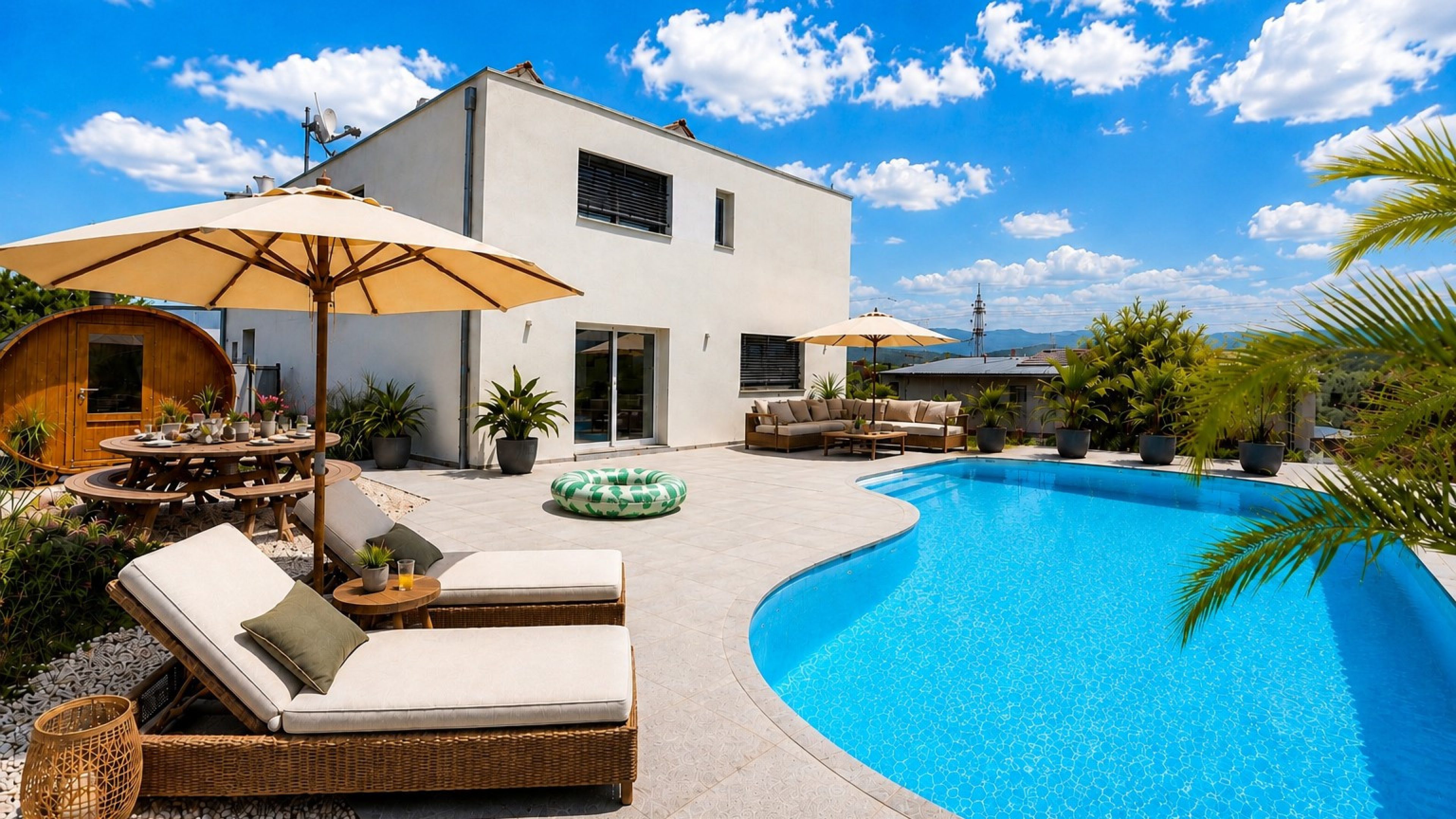 Helles Flachdach-Einfamilienhaus, davor hat es einen hellblauen Pool und zwei Liegebetten mit Sonnenschirm. Der Himmel ist blau, mit ein paar Wolken.