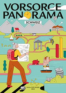 Illustration: Eine ältere Frau steht mit einer Landkarte in der Hand vor dem Panorama der Vorsorge.
