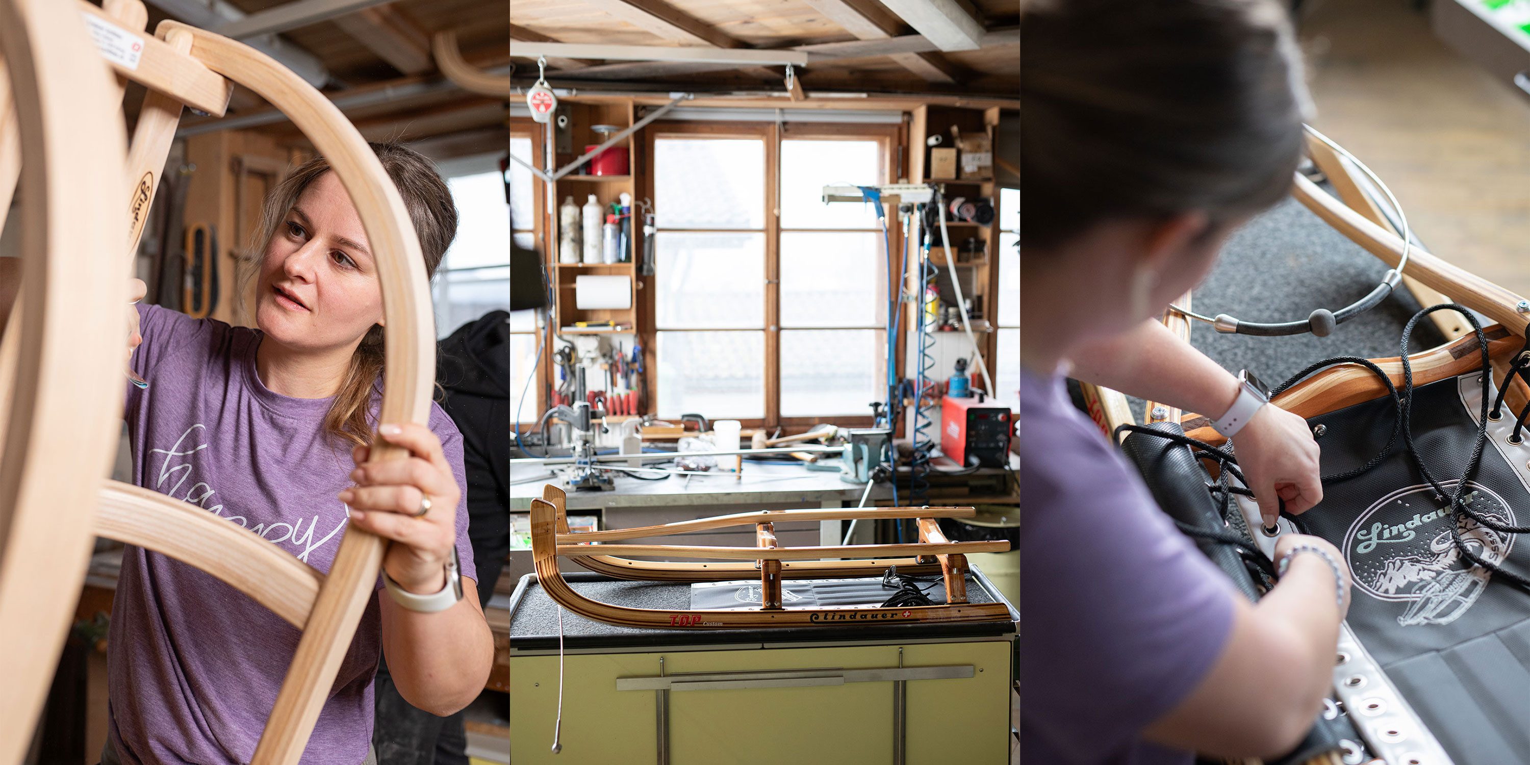 Fotografien Frau, die an Holz-Schlitten arbeitet