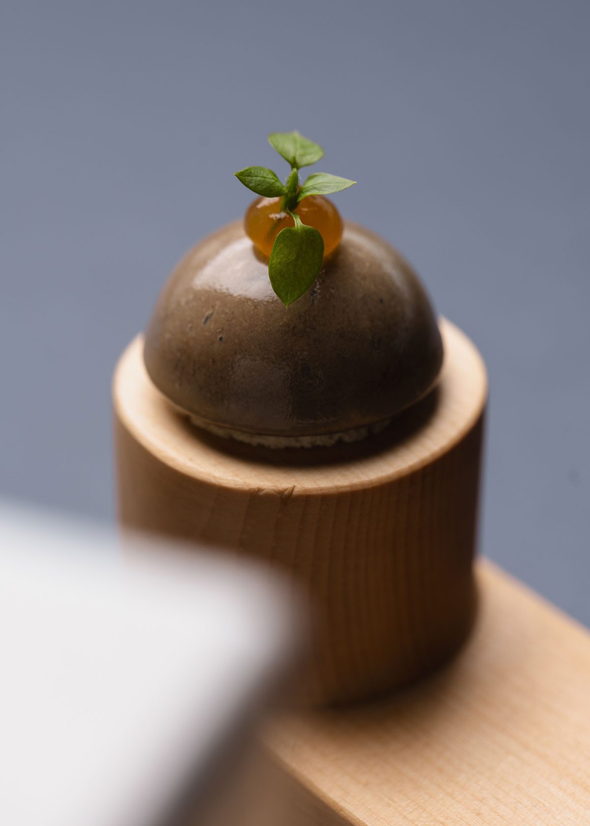 Ein kleines, kuppelförmiges Dessert mit glänzender Oberfläche, serviert auf einem zylindrischen Holzsockel. Obenauf befinden sich zwei orangefarbene Kugeln und ein grünes Blättchen als Garnitur.