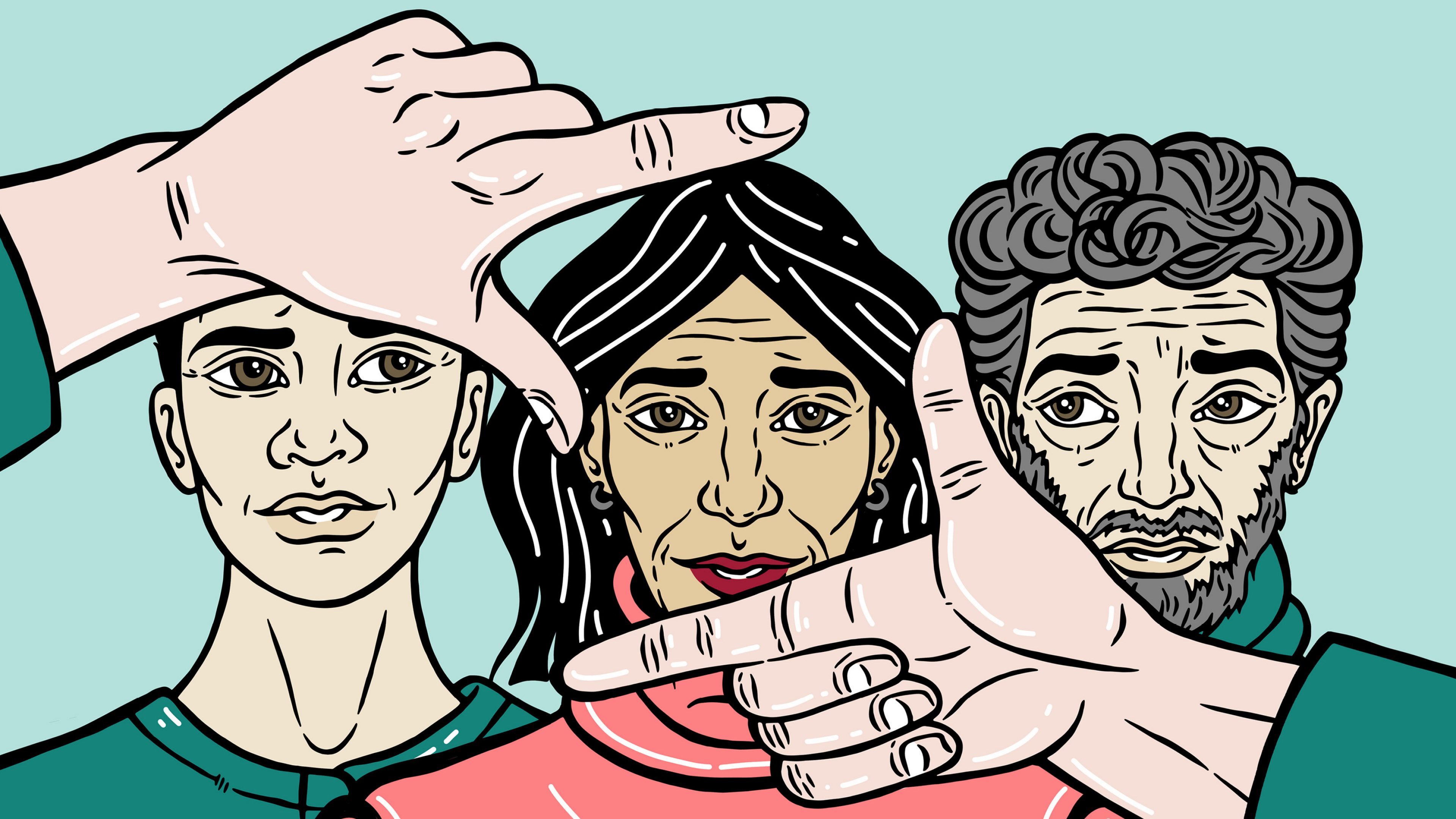 Illustration: drei Personen unterschiedlichen Alters. Eine Hand rahmt die mittlere Person ein und fokussiert auf diese.