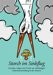 Illustration: Ein Storch fliegt kopfüber nach unten und will einen Schnuller mit dem Schnabel auffangen.