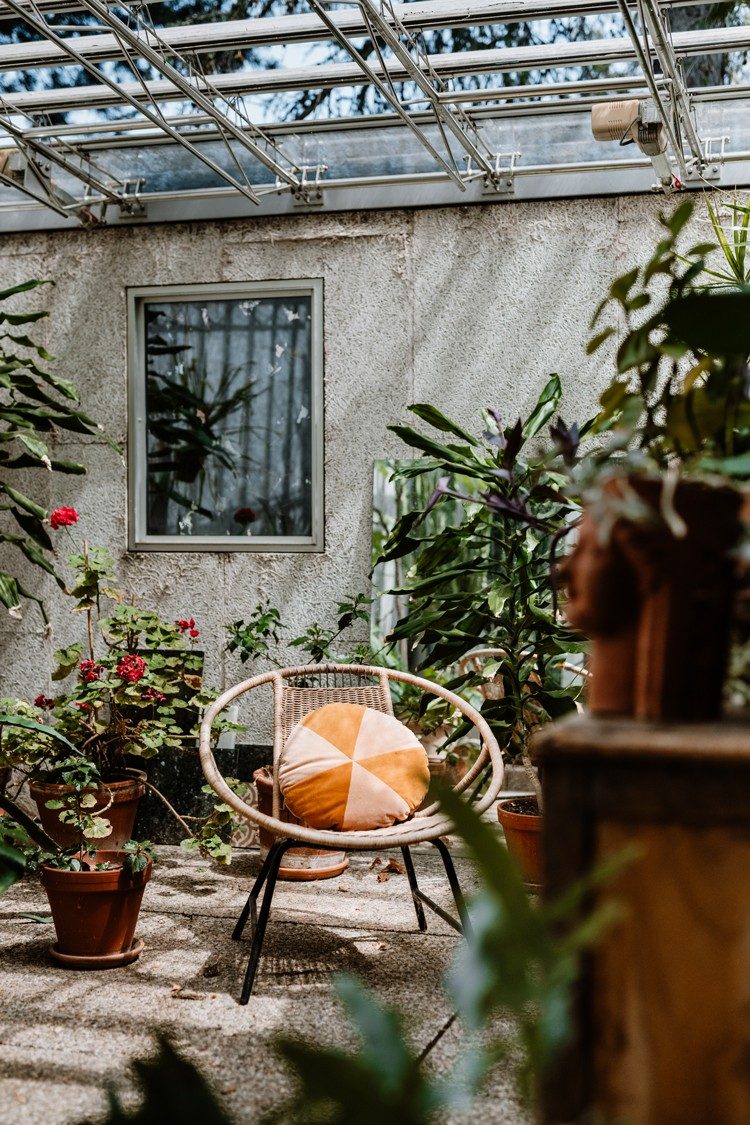 In einem Wintergarten stehen verschiedene Töpfe mit Pflanzen sowie ein runder Stuhl mit einem orangenen Kissen.
