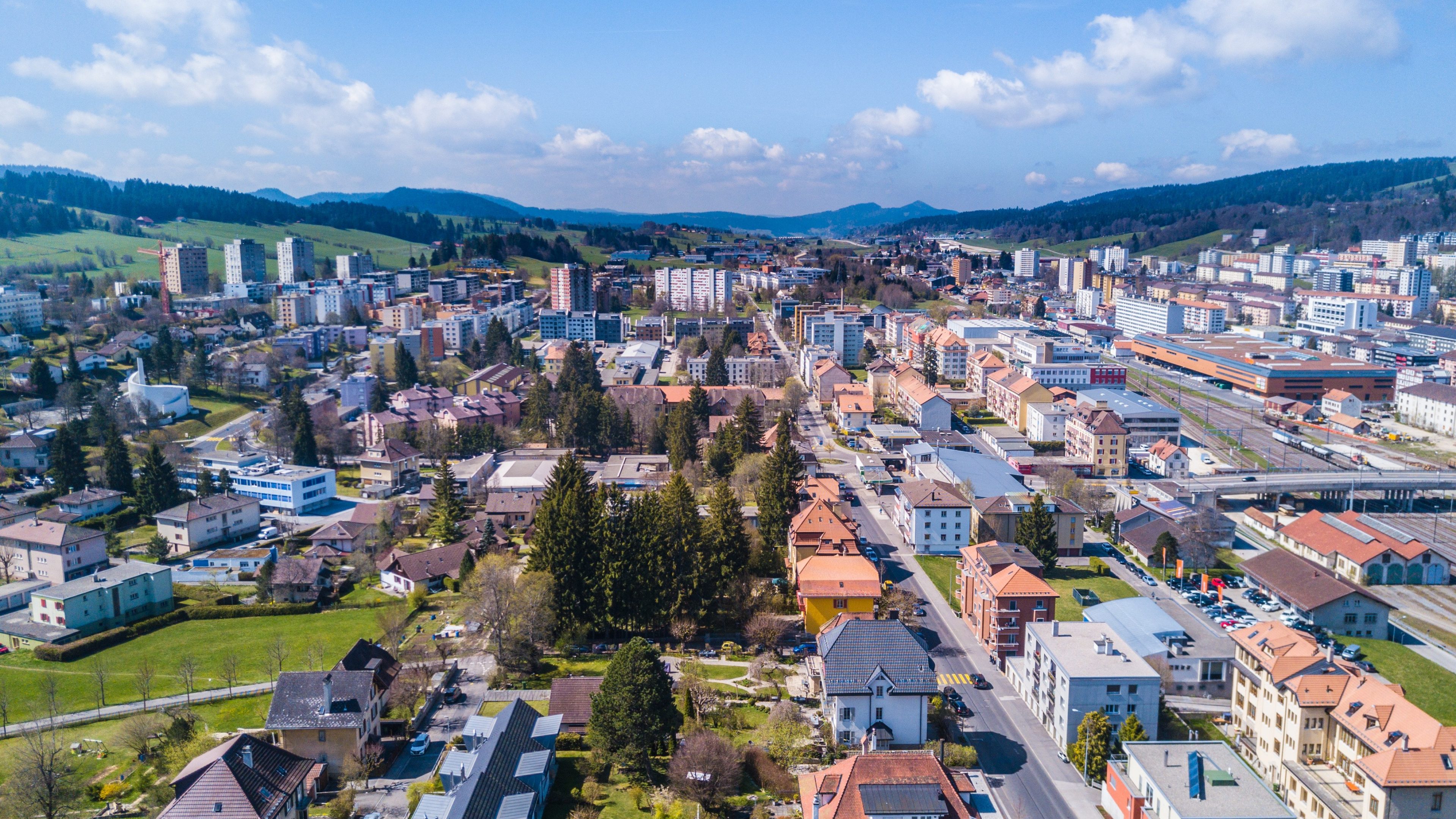 Aerial view on UNESCO heritage city La de Chaux de Fonds