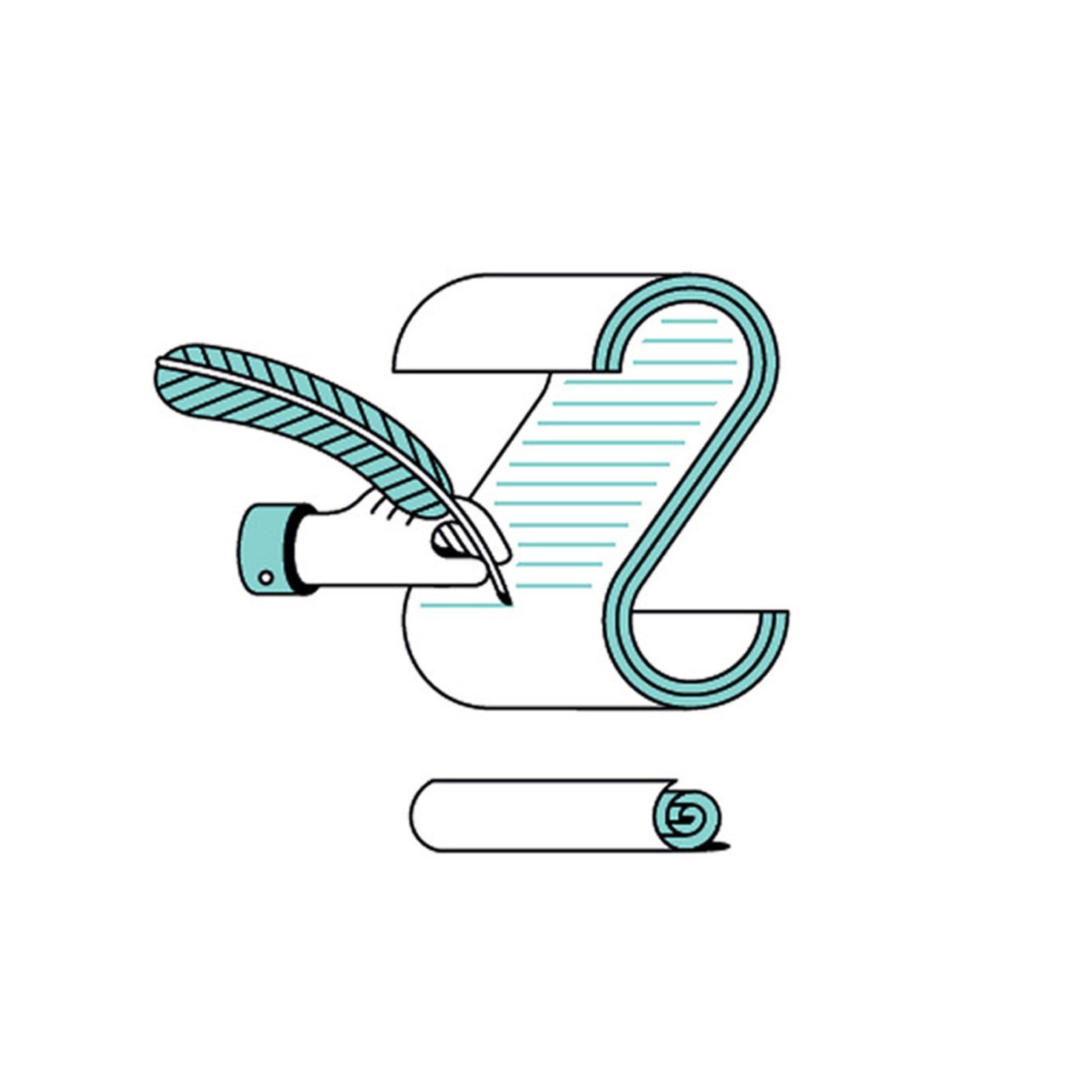 Ein mintfarbiges Icon zeigt eine Dokumentenrolle. Daneben eine Hand, die eine Schreibfeder hält.
