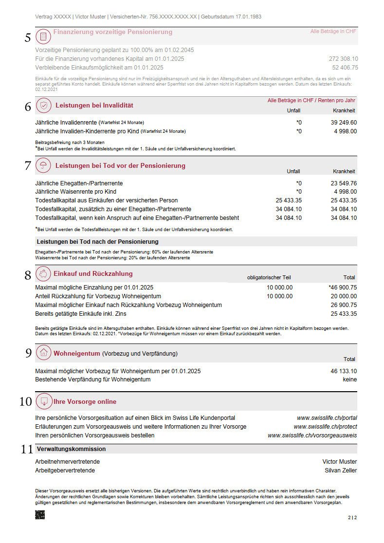 Exemplarisches Muster eines Vorsorgeausweis / Pensionskassenausweis mit fiktiven Angaben über die Leistungen bei Invalidität oder Tod, dem möglichen Einkauf bzw. Rückzahlungen für Vorbezug von Wohneigentum oder beim Vorbezug für Wohneigentum.