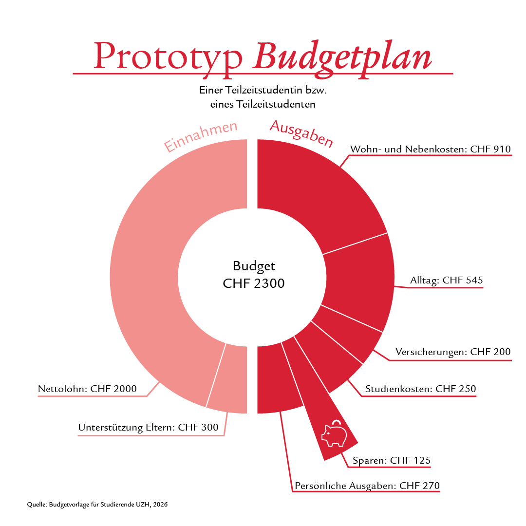 It shows a schematic visualisation of a possible budget plan for students, in this case especially for part-time students. The left half of the pie chart is coloured pink and symbolises income, while the right half, marked in red, illustrates expenses. The individual areas of the chart are separated by white lines and are labelled with the corresponding amounts of income and expenses. A segment featuring a white piggy bank symbol is highlighted clearly. This element is intended to emphasise and draw attention to the importance of saving. 
