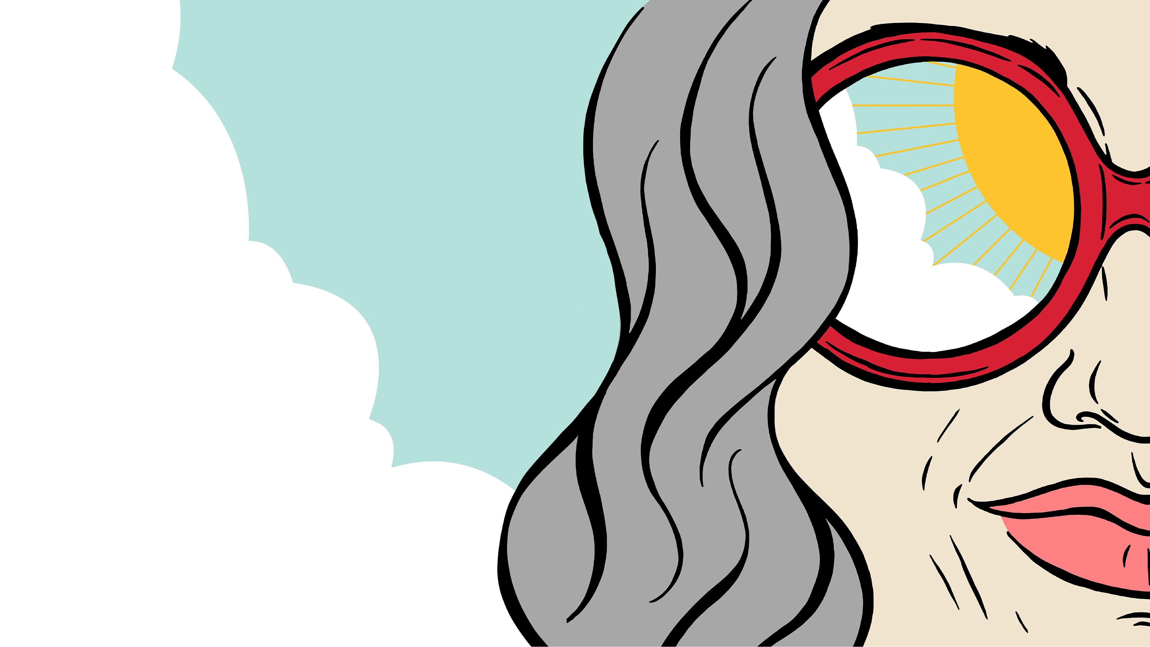 Illustration: Gesicht mit grauen Haaren und roter Brille, in deren Gläsern sich die Sonne reflektiert.