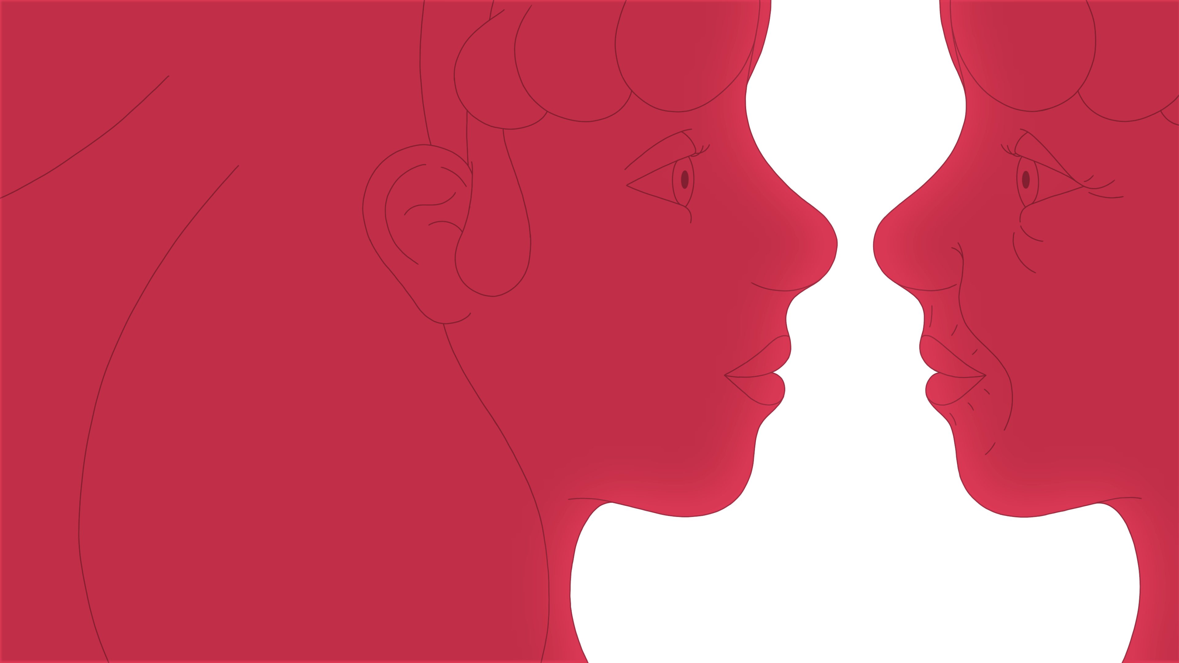 Rote Illustration mit zwei weiblich gelesenen Gesichtern im Profil – eines jung, das andere älter.