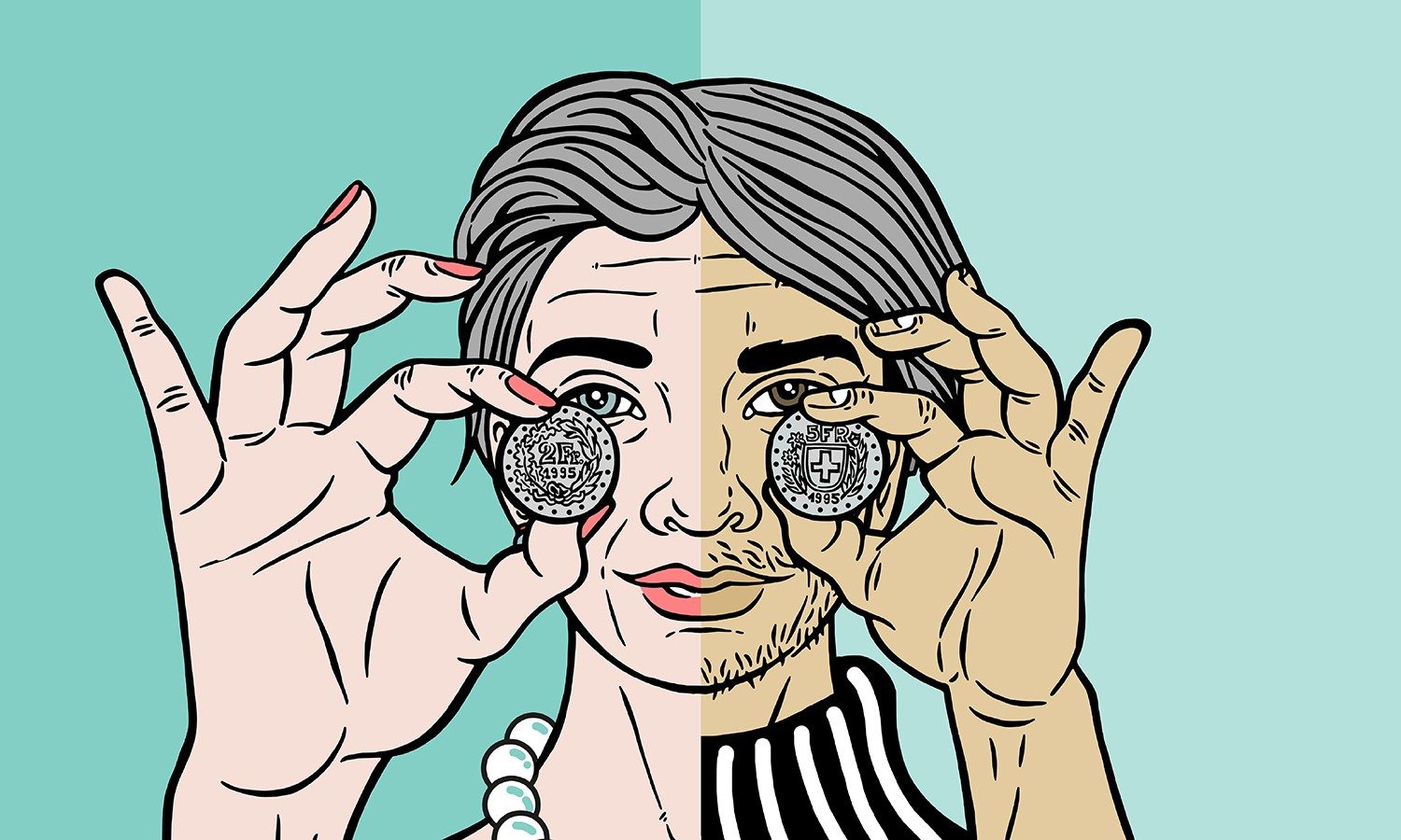 Illustration halbes Gesicht weiblich mit Perlenkette und halbes Gesicht männlich mit Bart und Hemdkragen sowie zwei Hände mit je einem Geldstück