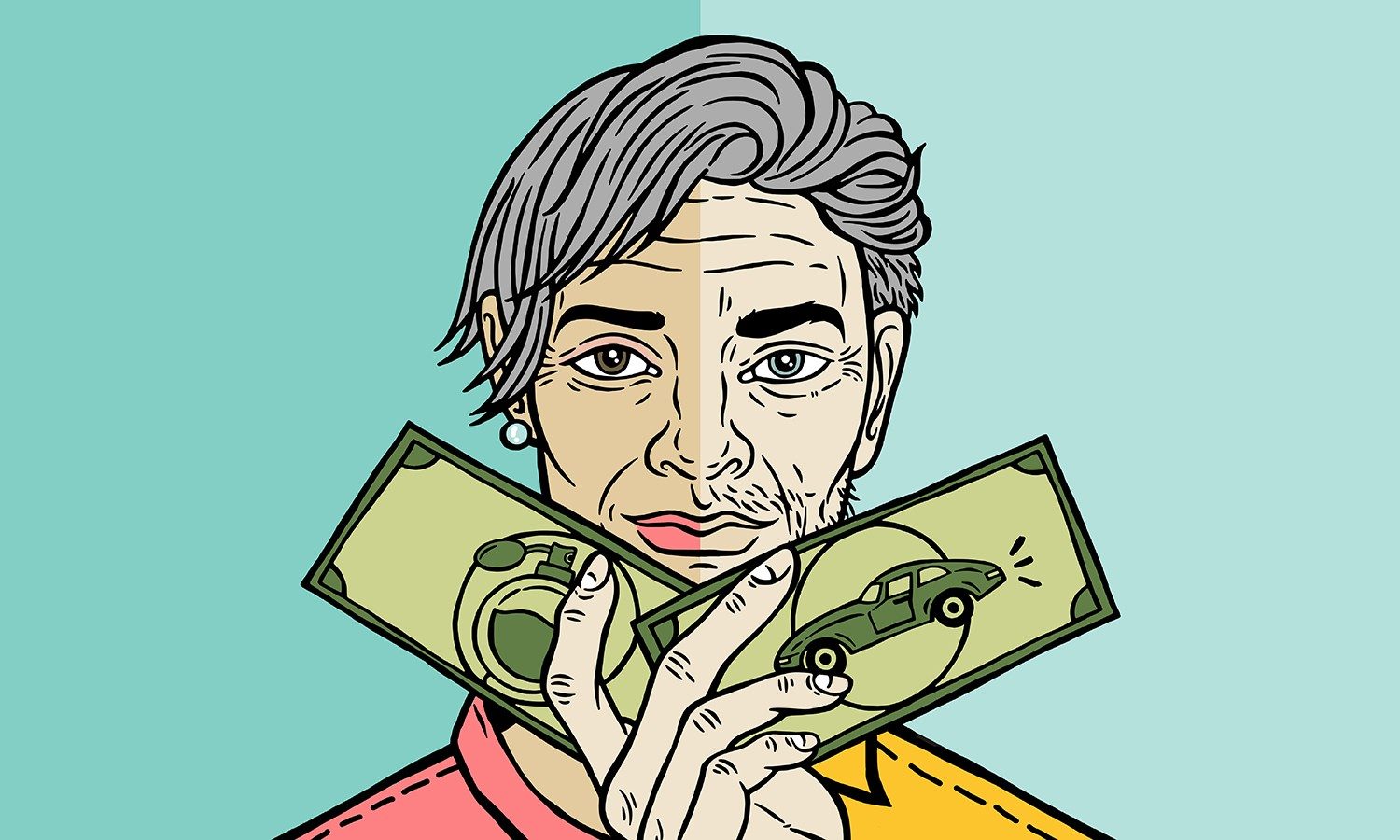 Illustration halbes Gesicht weiblich und halbes Gesicht männlich mit zwei Geldscheinen in der Hand