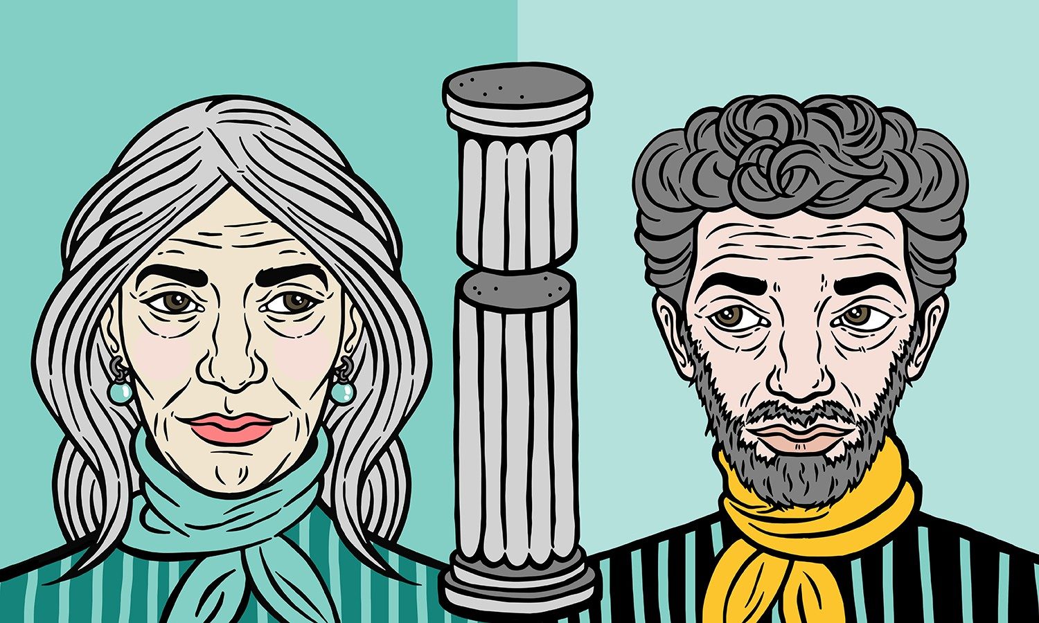 Illustration mit einer Säule in der Mitte, einer Rentnerin links davon und einem Rentner rechts davon