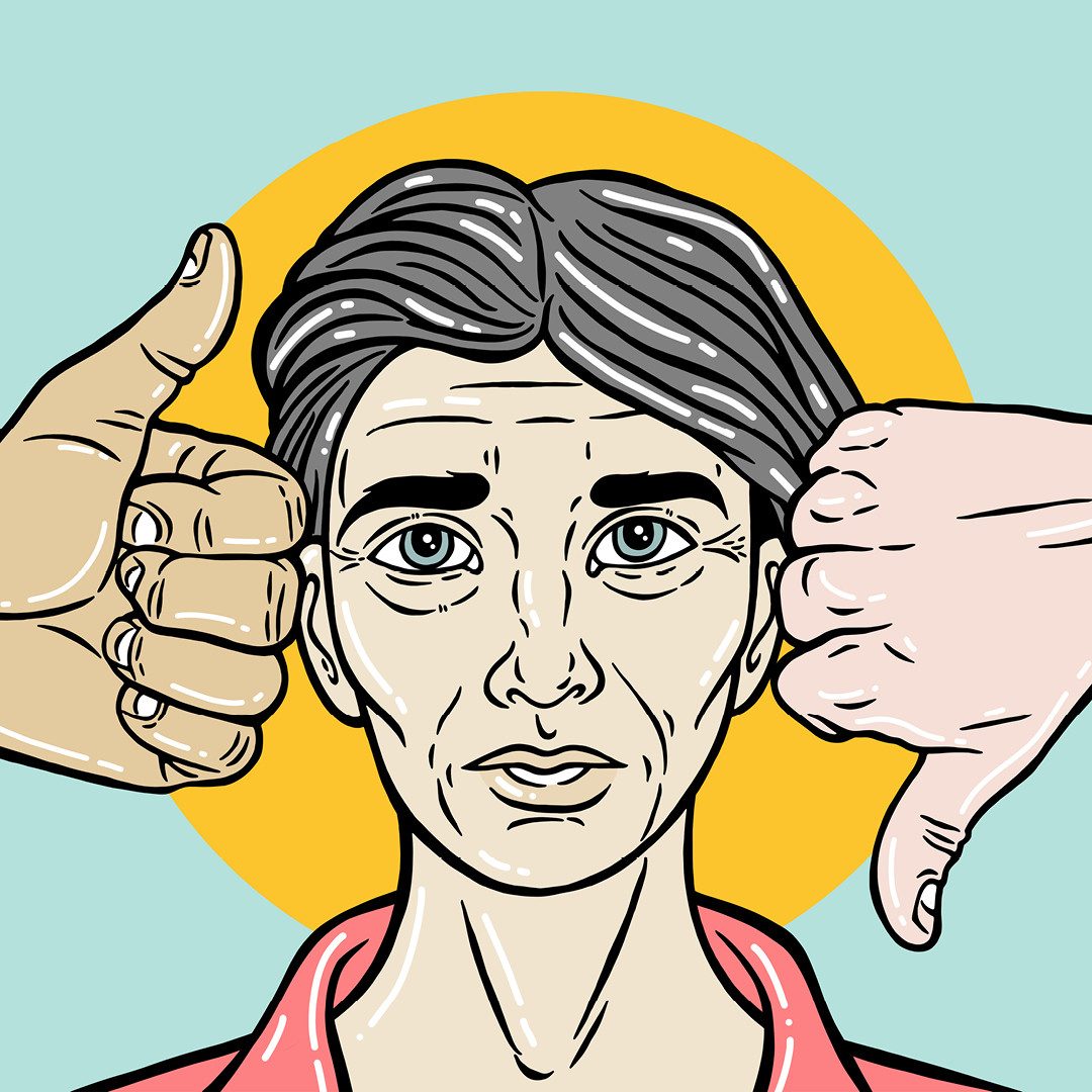 Illustration älterer Bewerbender, ein Daumen hoch (links) und einer runter (rechts) evaluieren ihn.
