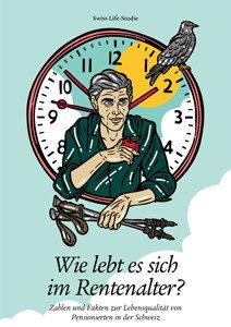 Illustration: Ein fitter, älterer Mann mit Wanderstöcken und Apfel in den Händen. 
