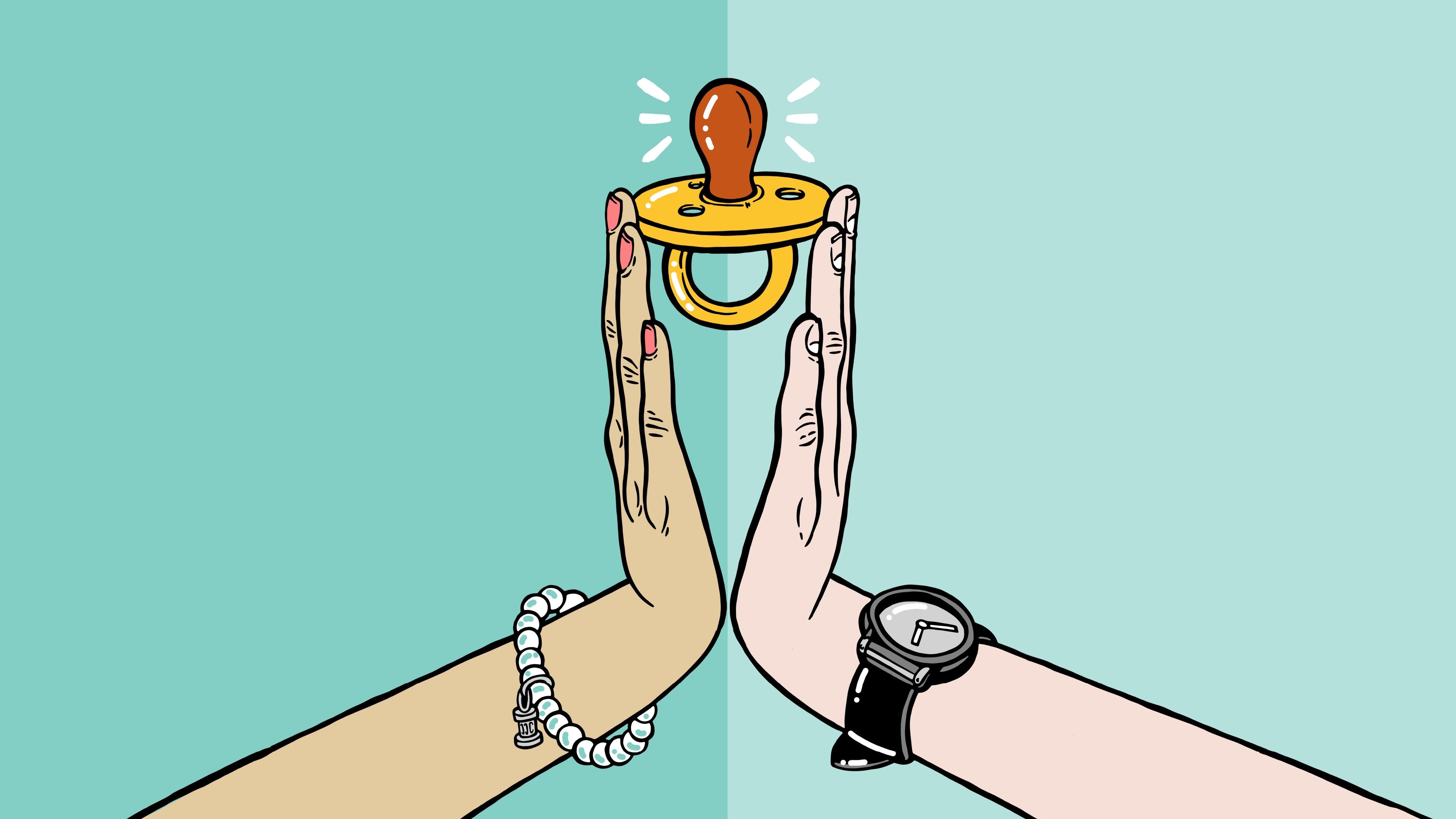 Illustration von zwei Handflächen, die einen Nuggi balancieren