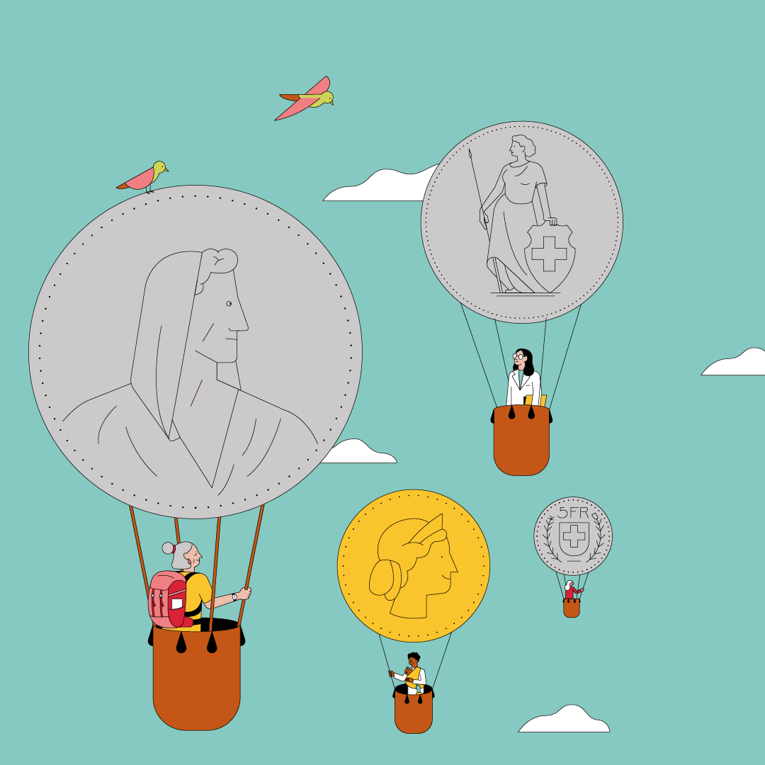 Personen verschiedenen Alters fliegen in Heissluftballons, welche die Form von Geldmünzen haben. 