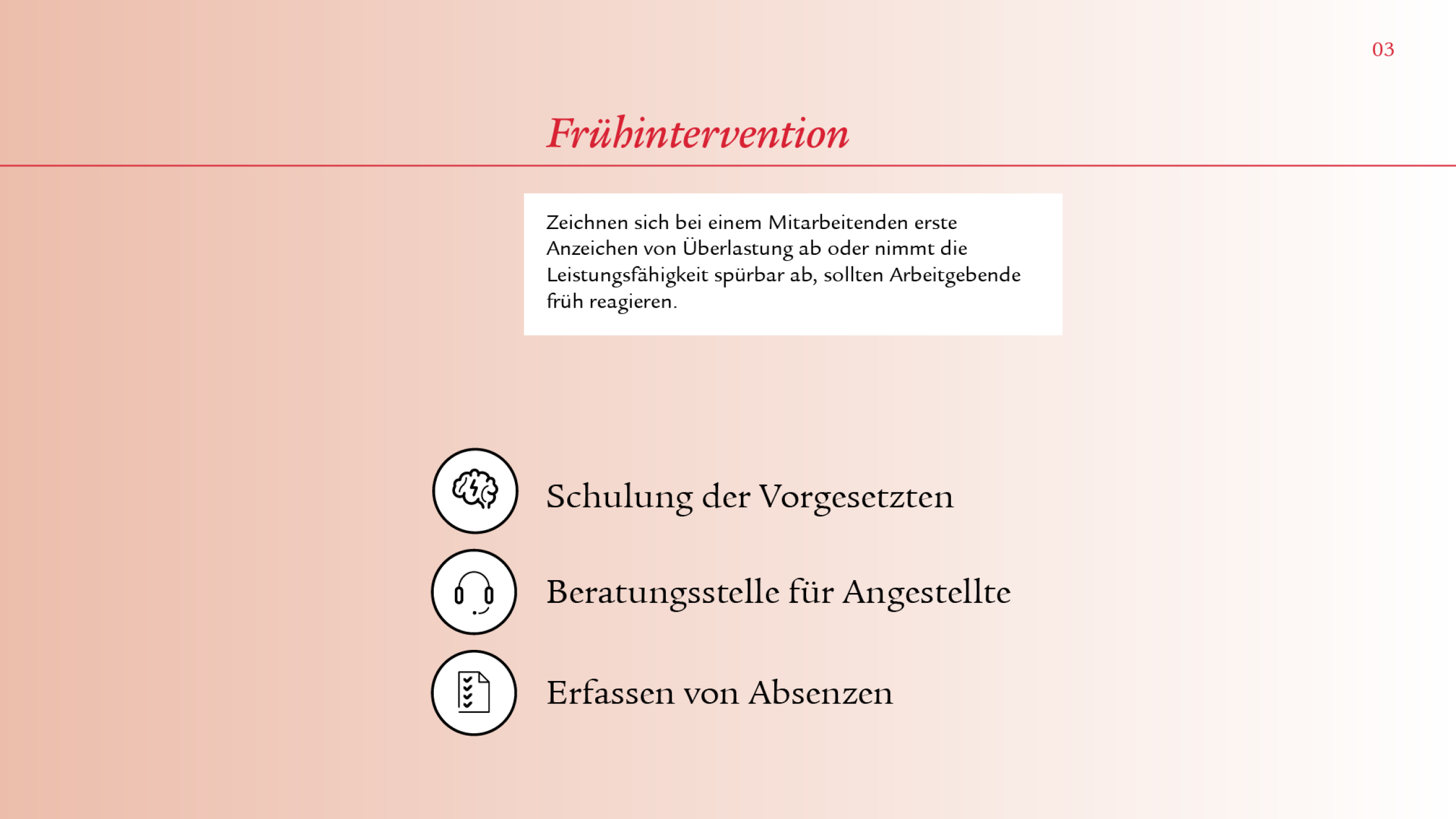 Mit dem gleichen Prinzip wird nun auch das Unterthema «Frühintervention» veranschaulicht. Zu sehen sind ebenfalls ein Fliesstext in einer Infobox und drei Icons neben den Stichworten «Schulung der Vorgesetzten», «Beratungsstelle für Angestellte» und «Erfassen von Absenzen».
