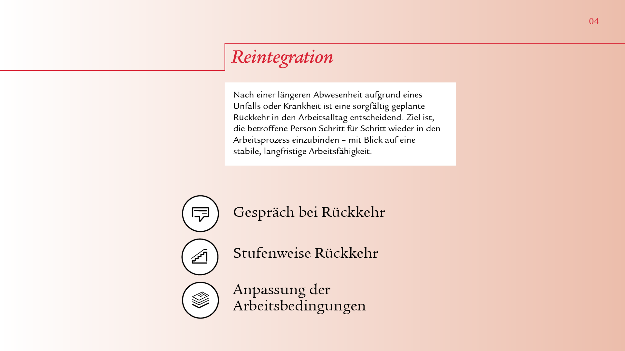 Auch hier werden die Informationen mit demselben Prinzip dargestellt. Der Titel «Reintegration» in Rot und unterstrichen, der Fliesstext in der Infobox und die Icons neben den Stichworten «Gespräch bei Rückkehr», «stufenweise Rückkehr» und «Anpassung der Arbeitsbedingungen».