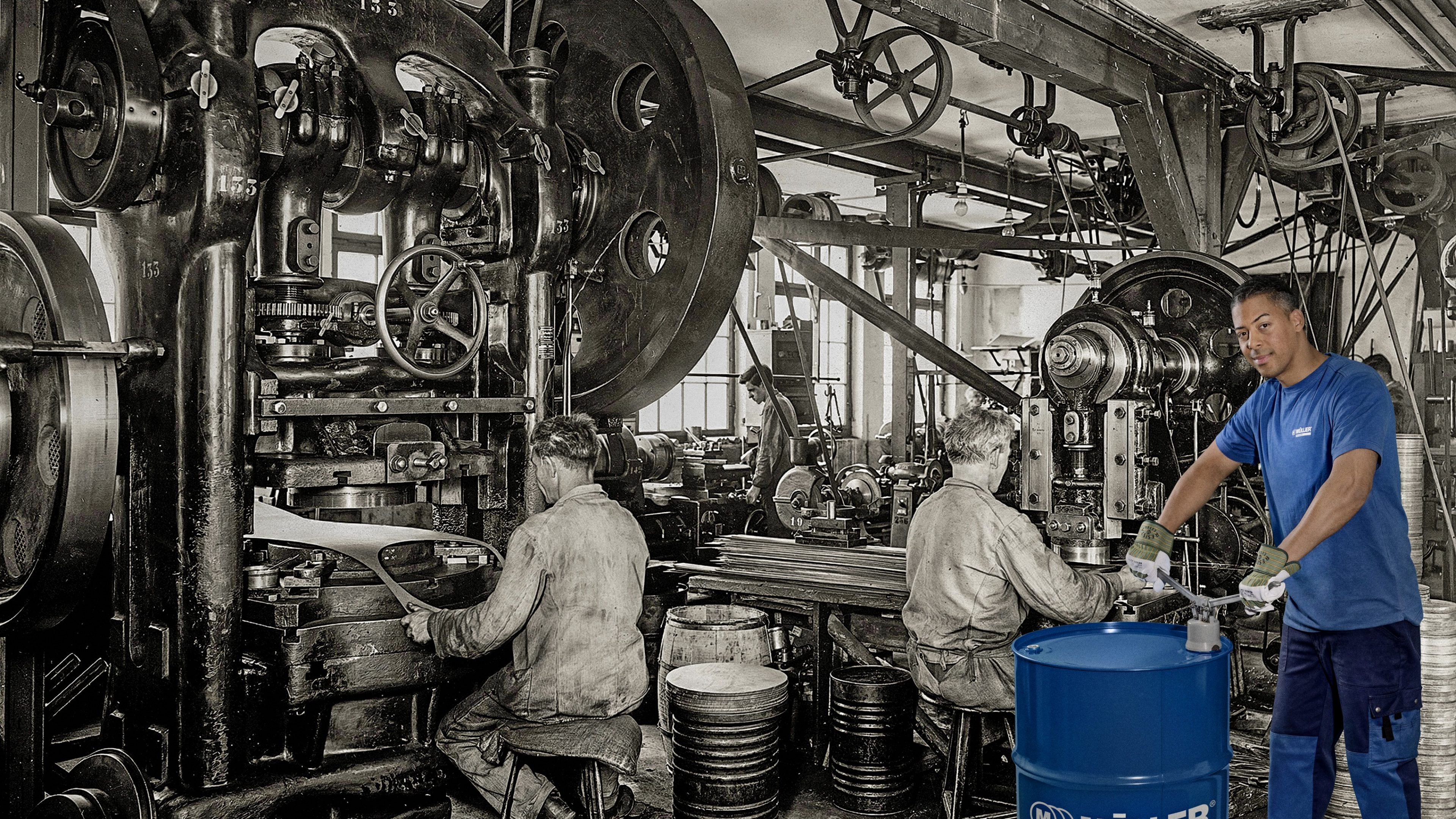 Collage mit Mitarbeiter der Firma Müller Verpackungen vor alter Fabrikumgebung
