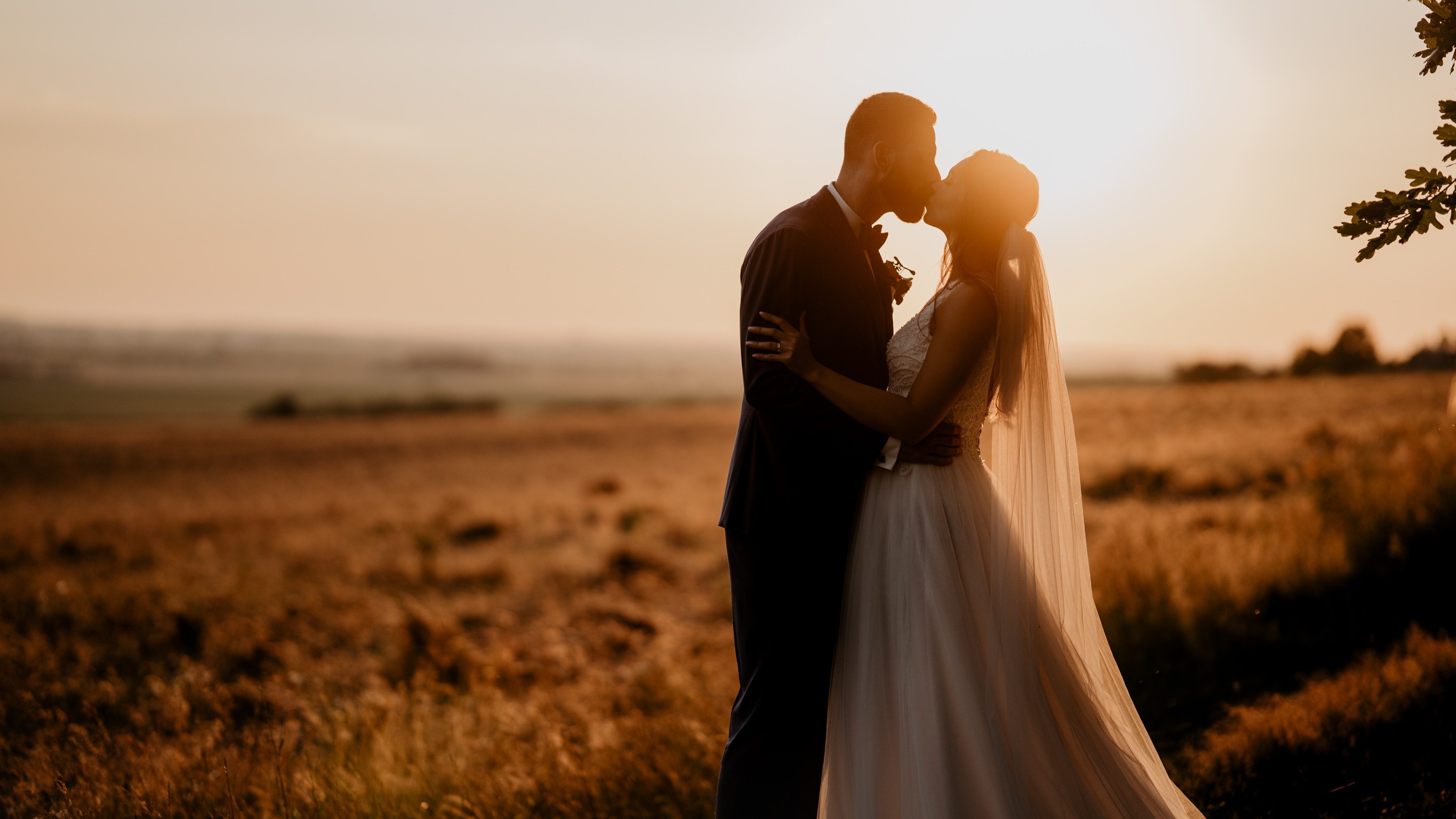 A newly married couple kiss at sunset.
