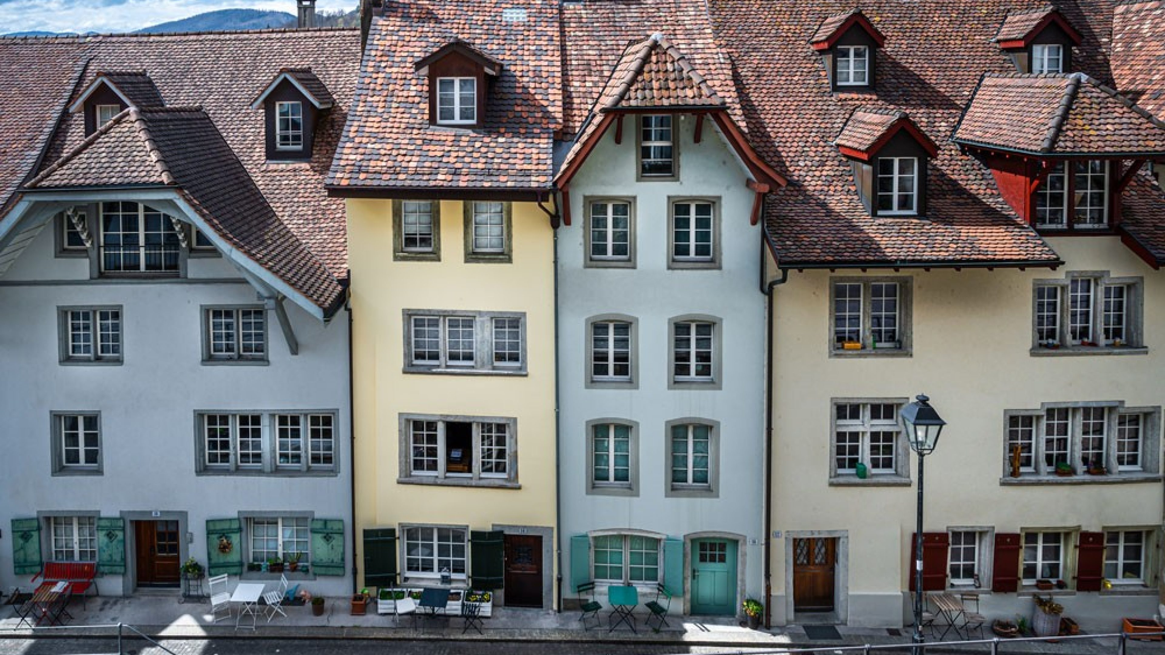 Row of old houses with tiled roofs in the city of Aarau of the canton Aargau, Switzerland