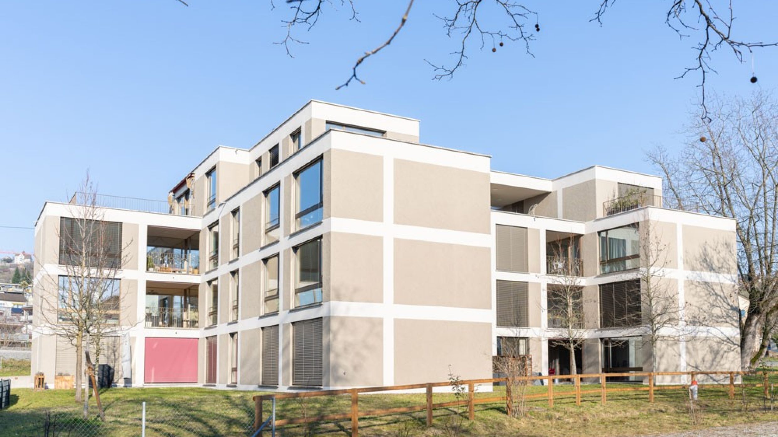 Exterior of a modern apartment building.