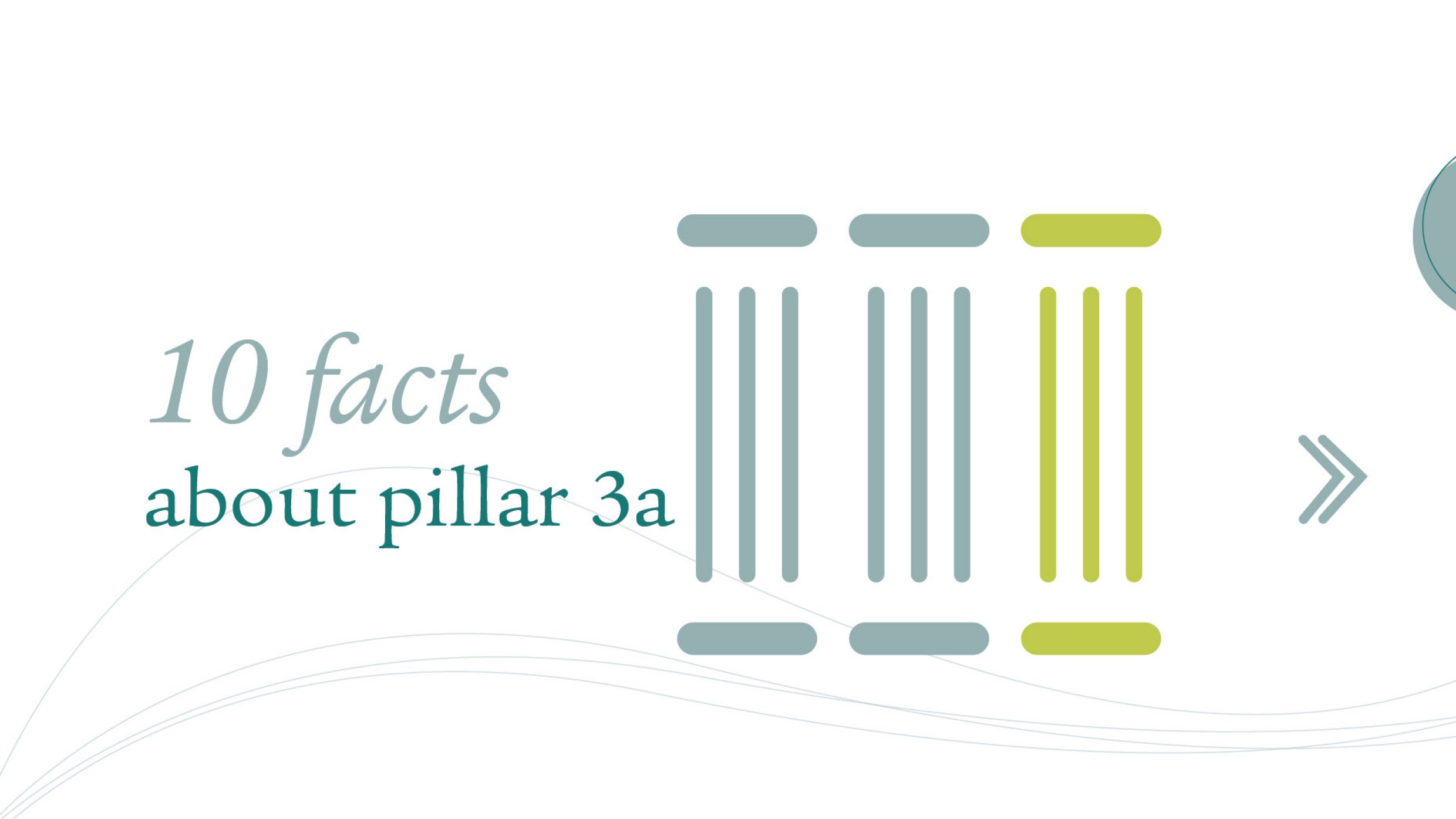 The title “10 facts about pillar 3a” is next to an abstract representation of three pillars. The colours are grey-blue, except for the 3rd pillar. This is light green.