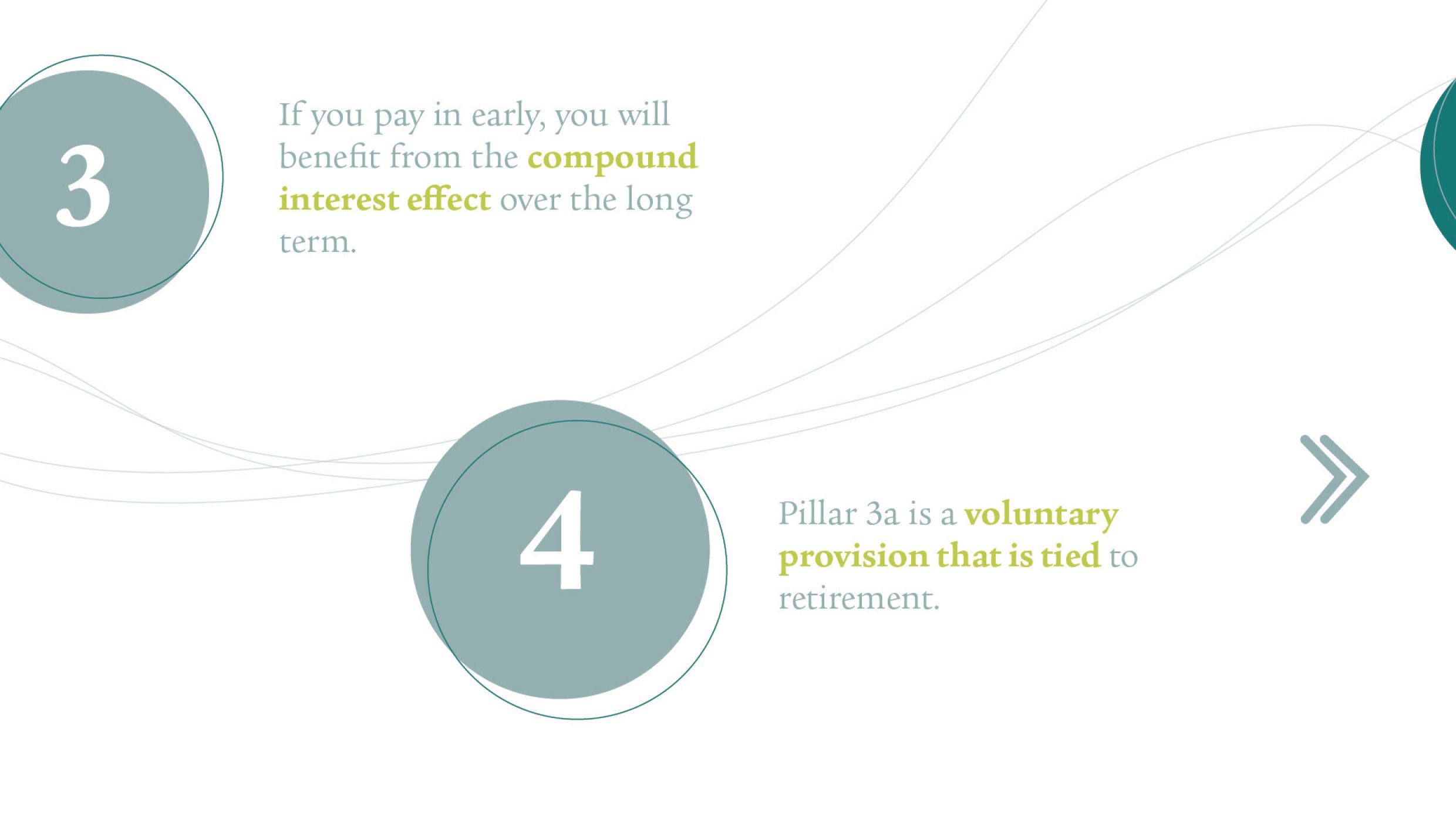 Point 3: If you pay in early, you will benefit from the compound interest effect over the long term. Point 4: Pillar 3a is a voluntary provision that is tied to retirement.