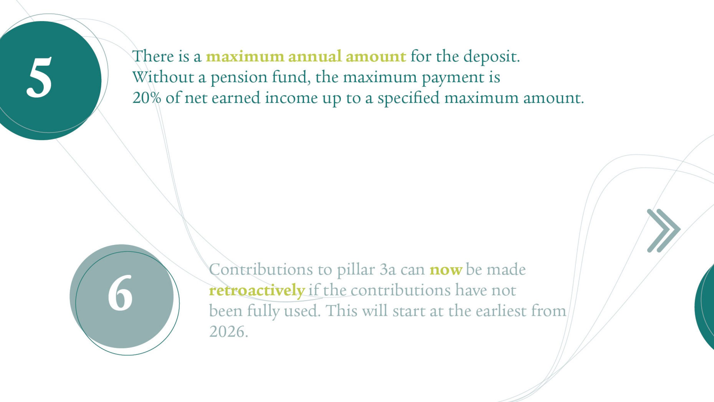 Point 5: There is a maximum annual amount for the deposit. Without a pension fund, the maximum payment is 20% of net earned income up to a specified maximum amount. Point 6: Contributions to pillar 3a can now be made retroactively if the contributions have not been fully used. This will start at the earliest from 2026.