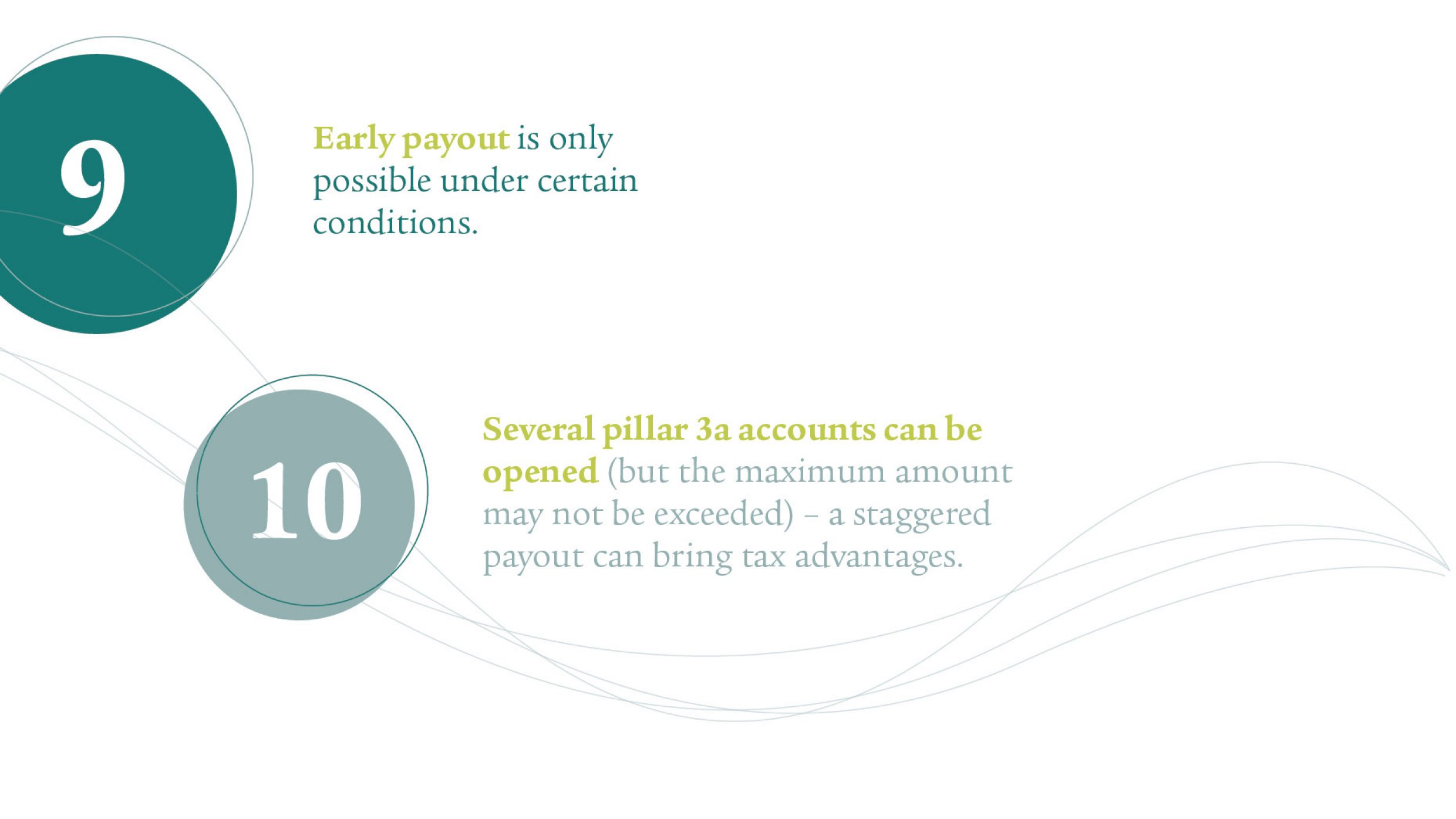 Point 9: Early payout is only possible under certain conditions. Point 10: Several pillar 3a accounts can be opened (but the maximum contribution may not be exceeded) – a staggered payout can bring tax advantages.