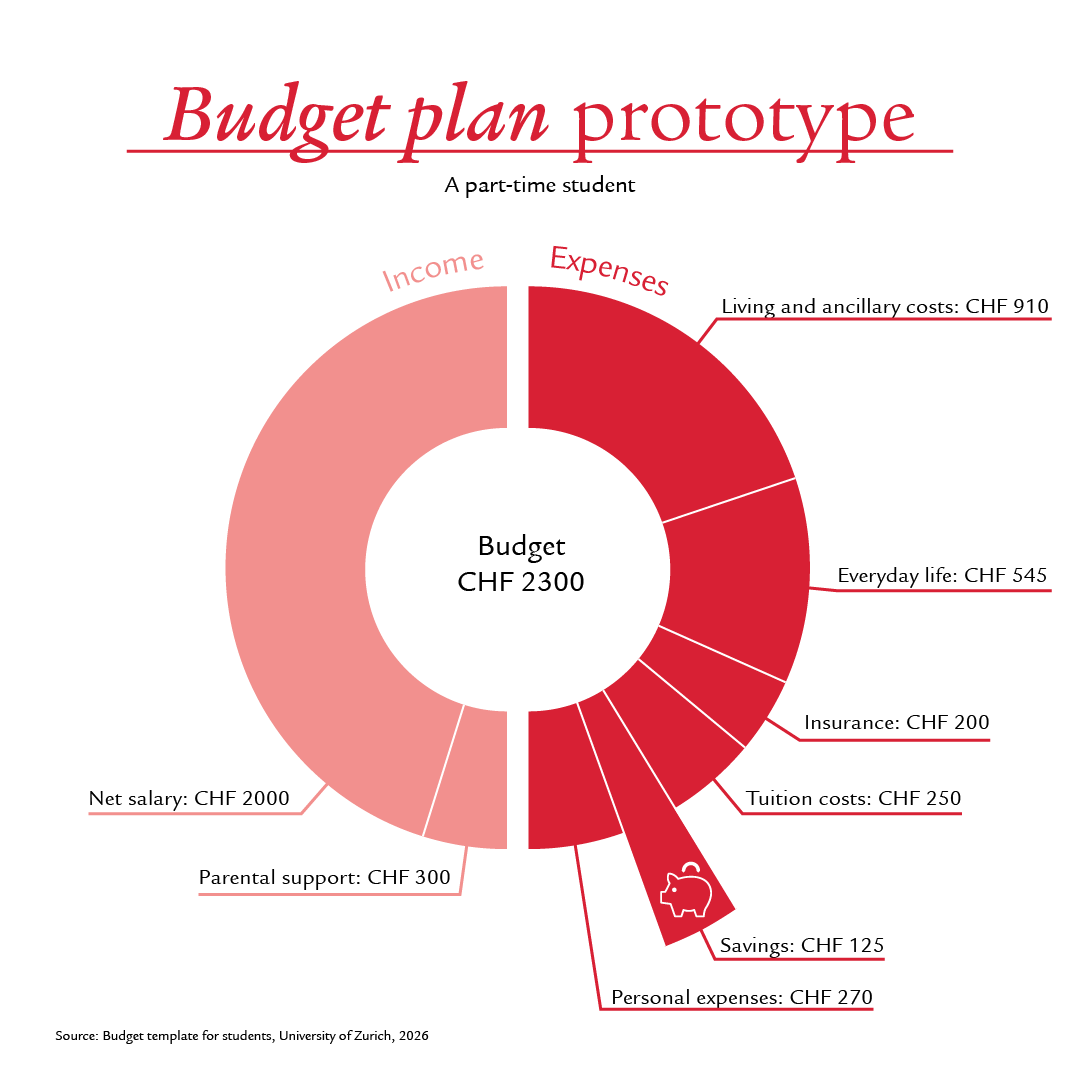 It shows a schematic visualisation of a possible budget plan for students, in this case especially for part-time students. The left half of the pie chart is coloured pink and symbolises income, while the right half, marked in red, illustrates expenses. The individual areas of the chart are separated by white lines and are labelled with the corresponding amounts of income and expenses. A segment featuring a white piggy bank symbol is highlighted clearly. This element is intended to emphasise and draw attention to the importance of saving. 