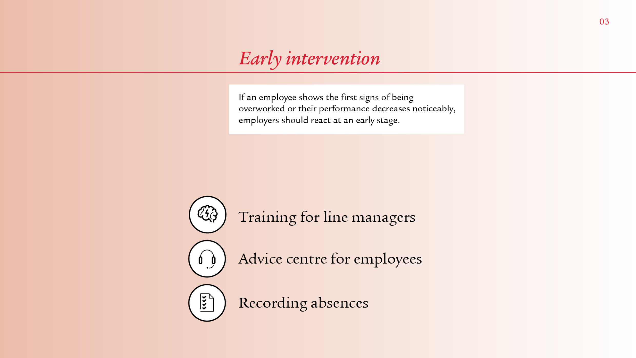 The sub-topic of “Early intervention” is also visualised according to the same principle. There is an info box with text and three icons next to the keywords “Training for line managers”, “Advice centre for employees” and “Recording absences”.