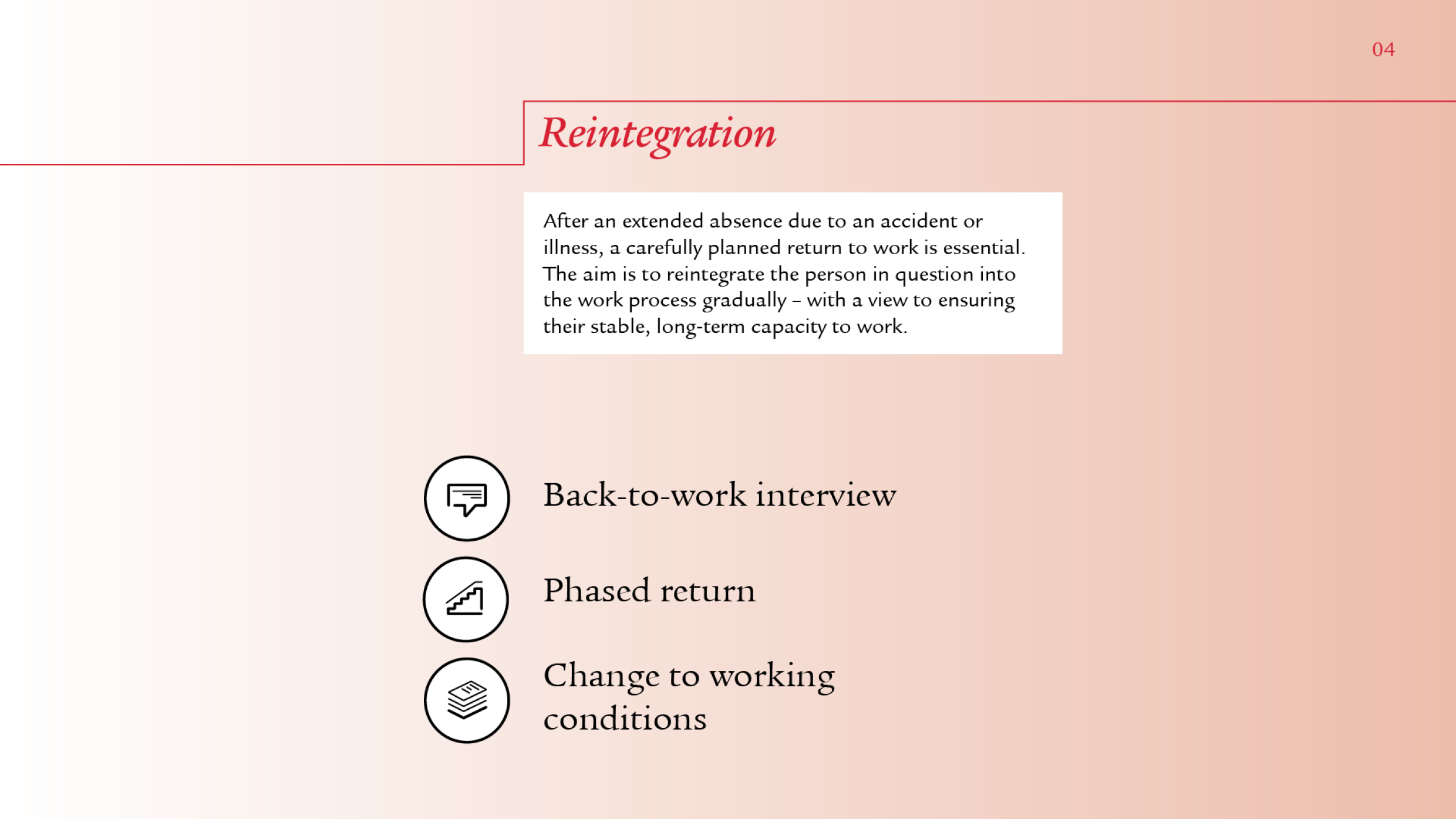 Here, too, the information is displayed using the same principle – the title “Reintegration” in red and underlined, the text in the info box and the icons next to the keywords of “Back-to-work interview”, “Phased return” and “Change to working conditions”.