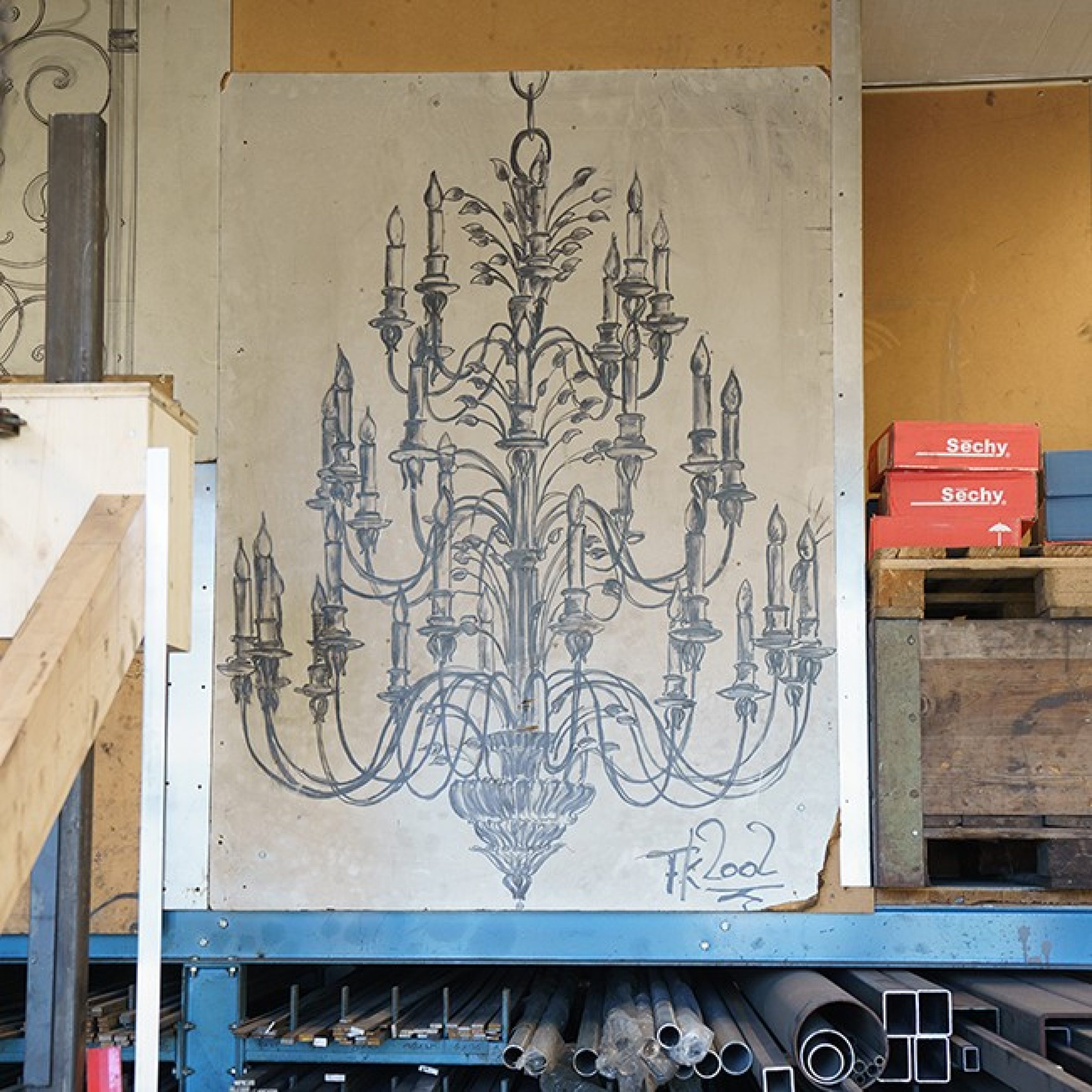 Sketch of a chandelier on the wall.