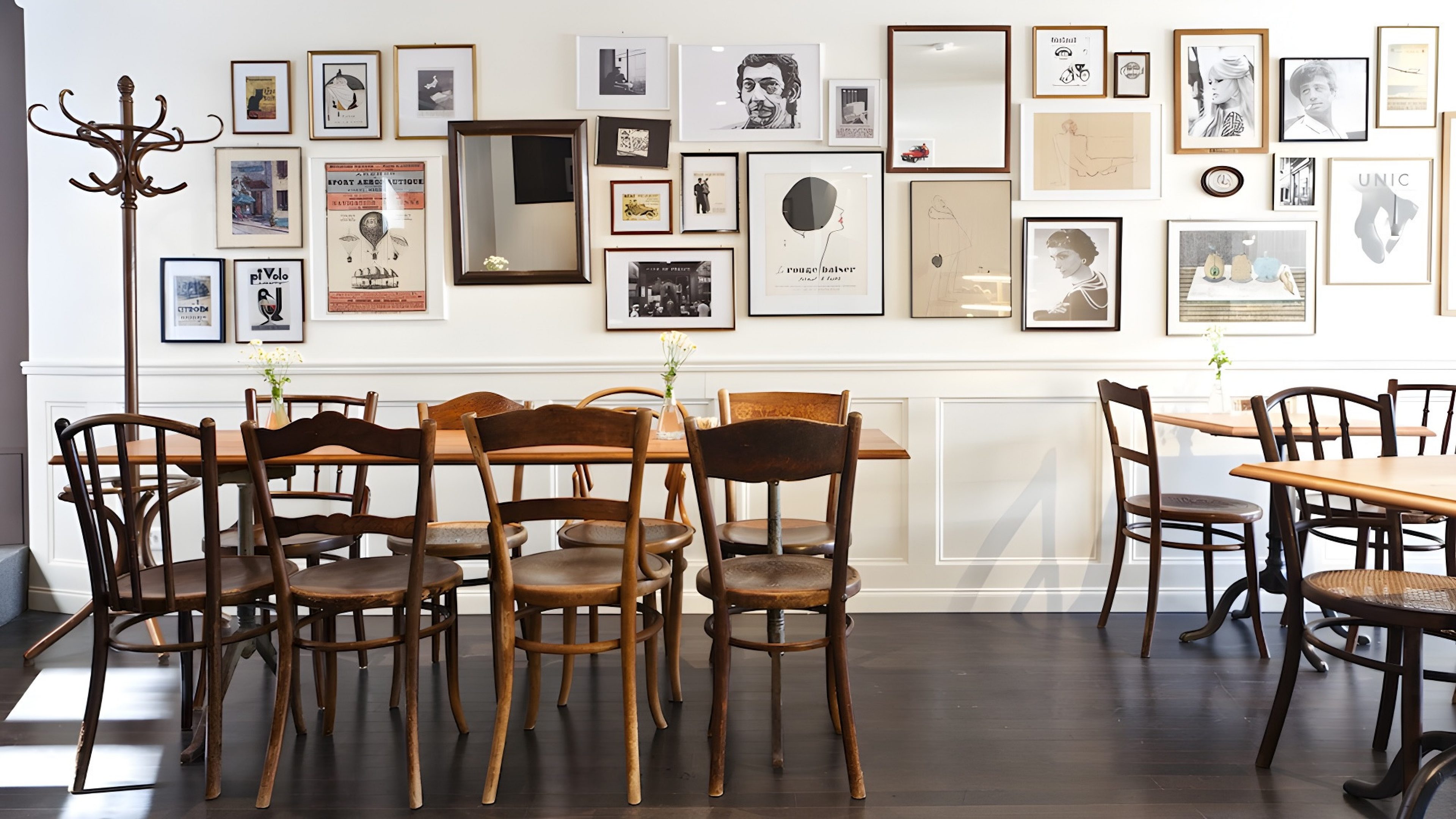 L’illustration montre un bistrot avec plusieurs tables et chaises en bois. Les chaises ont un design différent et sont principalement en bois. De nombreuses photos encadrées, de différents formats, sont accrochées au mur, dont des portraits, des illustrations et des inscriptions. Le mur est blanc et une étroite partie en lambris est visible dans la partie inférieure. A gauche sur la photo, on peut voir un portemanteau en bois. 
