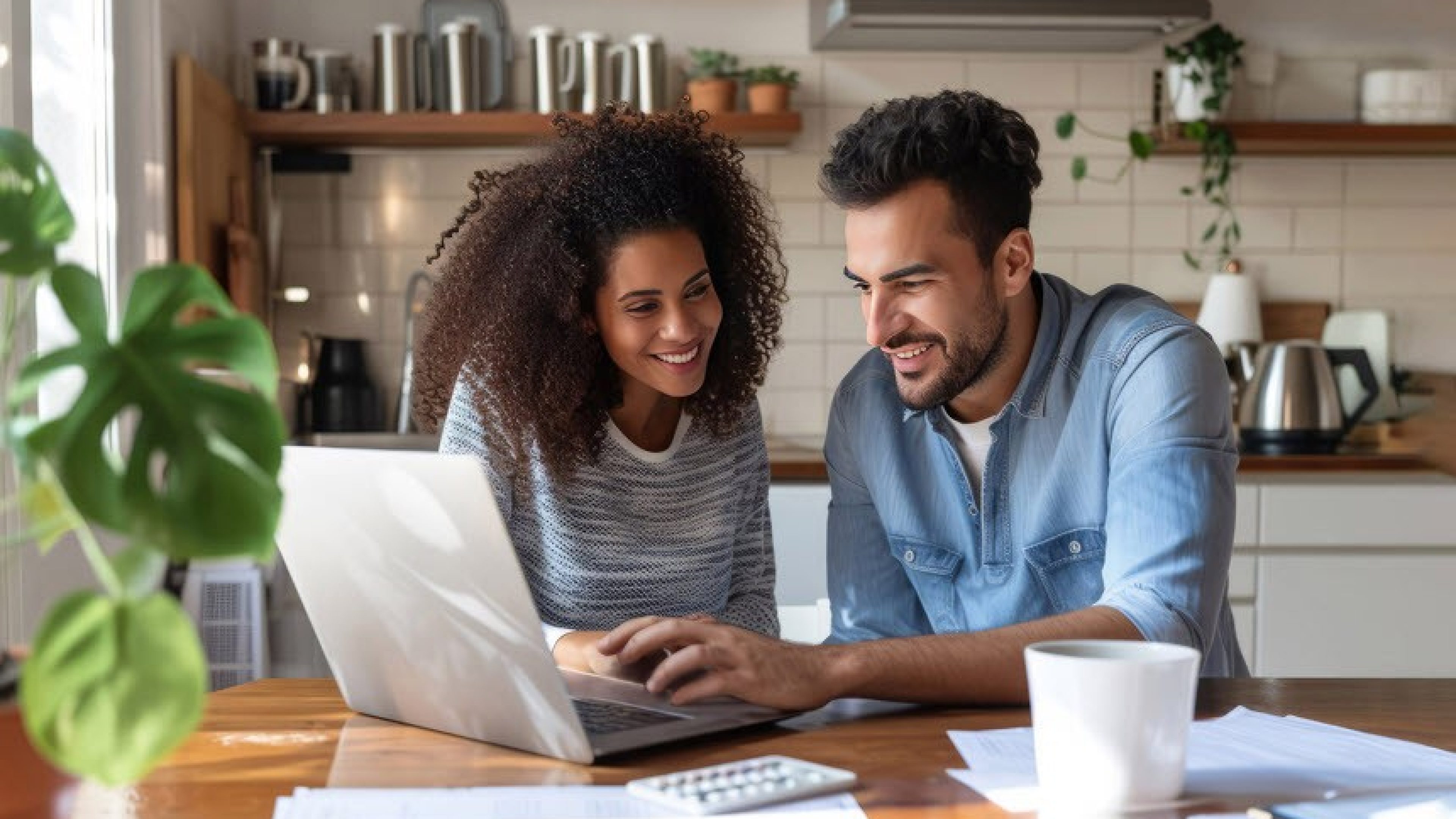 Un jeune couple est assis à la table de la cuisine et regarde joyeusement son ordinateur portable. Des feuilles et une calculatrice se trouvent sur la table.