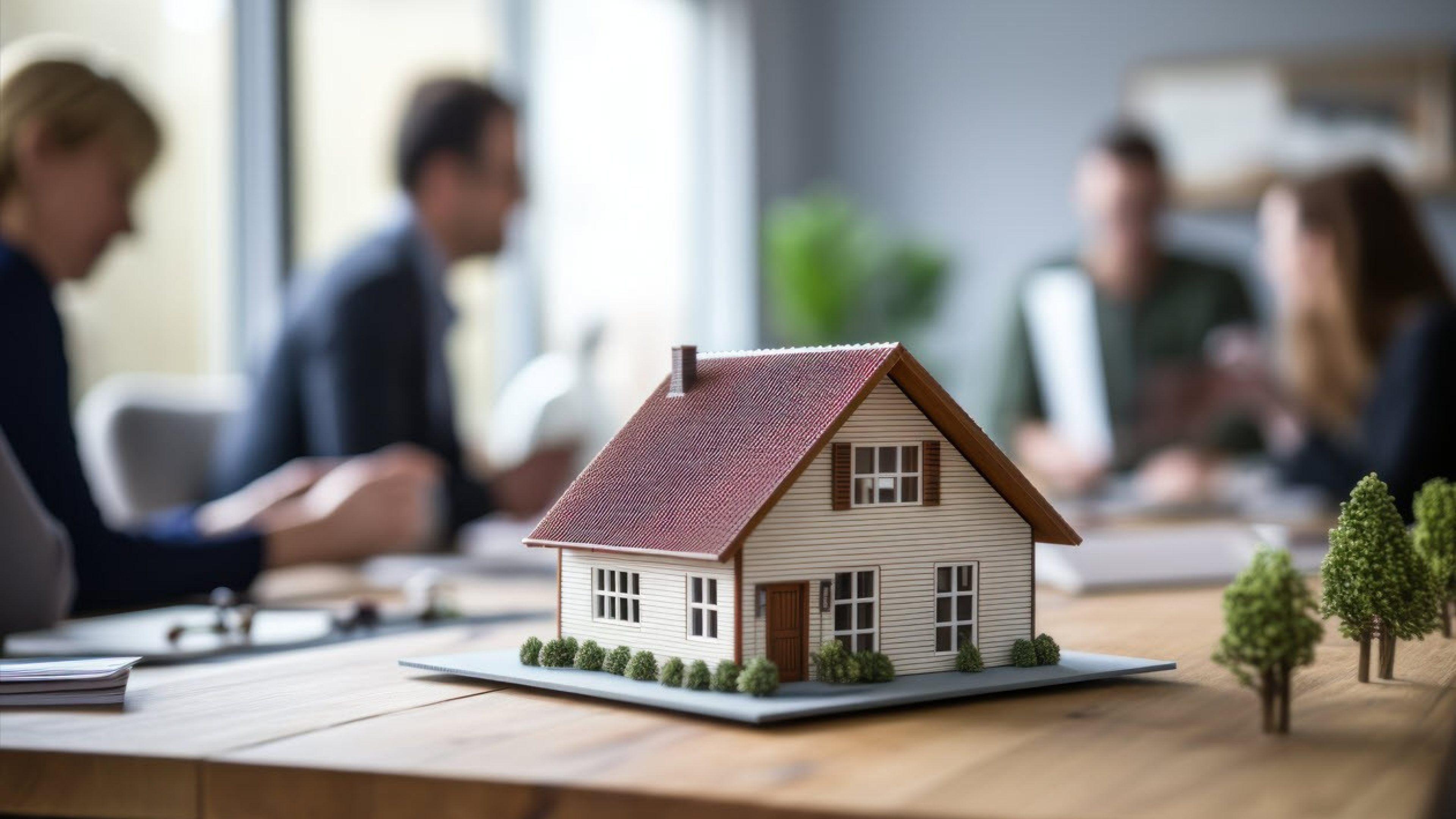 Au premier plan se trouve une maison individuelle modèle. En arrière-plan, on voit quelques personnes assises à une table en train de discuter de quelque chose.