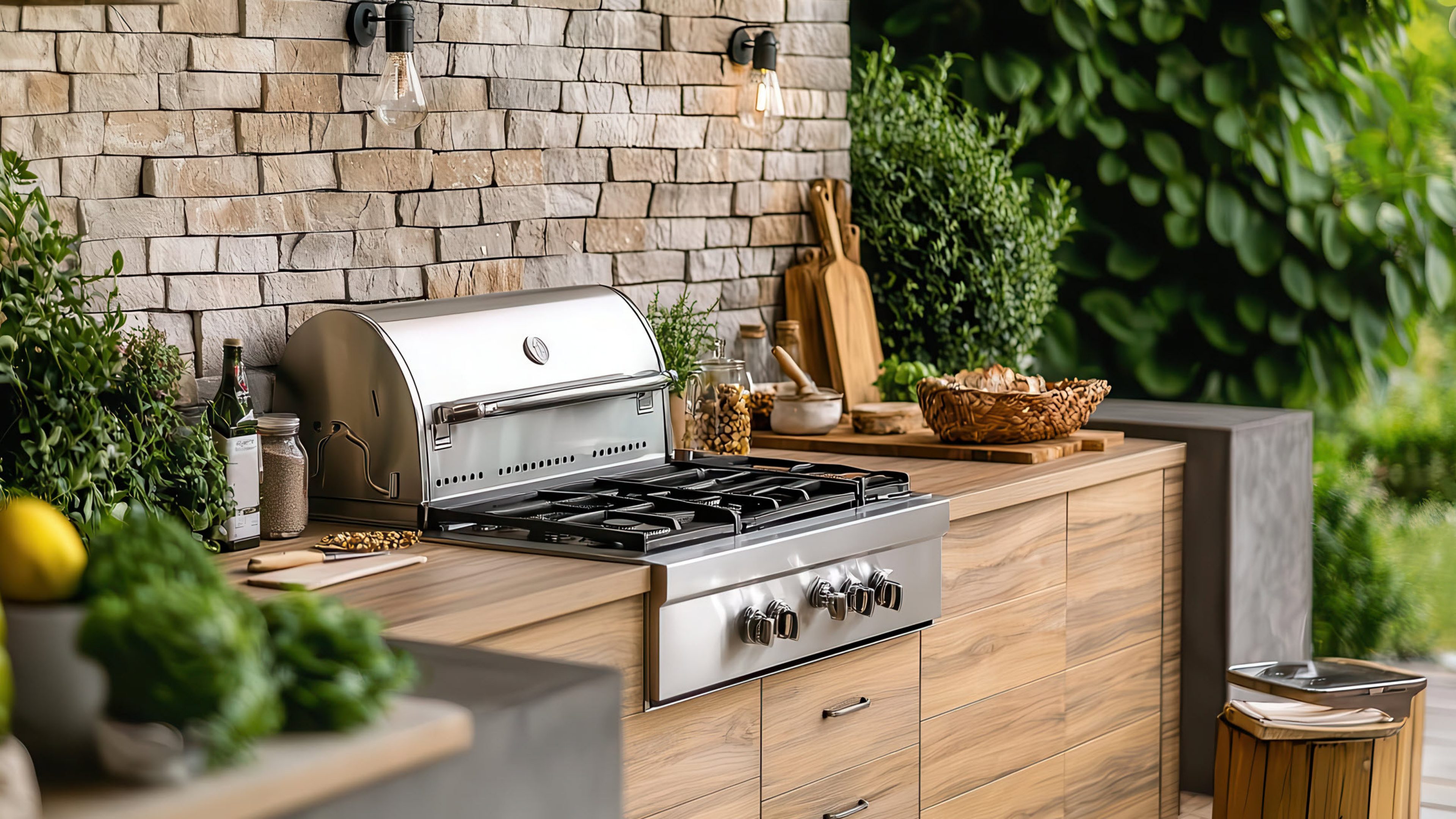 Cuisine extérieure moderne de style méditerranéen avec des appareils en acier inoxydable, des accents chaleureux en bois et une élégance raffinée. Diverses épices, des noix, un citron et de l’huile d’olive se trouvent sur l’étagère de cuisine.